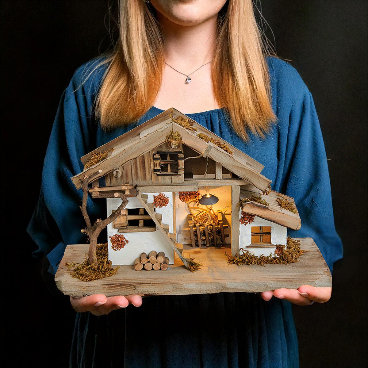 matches21 HOME & HOBBY Krippe Große Echtholz Weihnachtskrippe mit Beleuchtung in 39 x 23 x 19cm (1-tlg), Moderne Holz-Krippe mit LED Krippen-Beleuchtung ohne Krippenfiguren