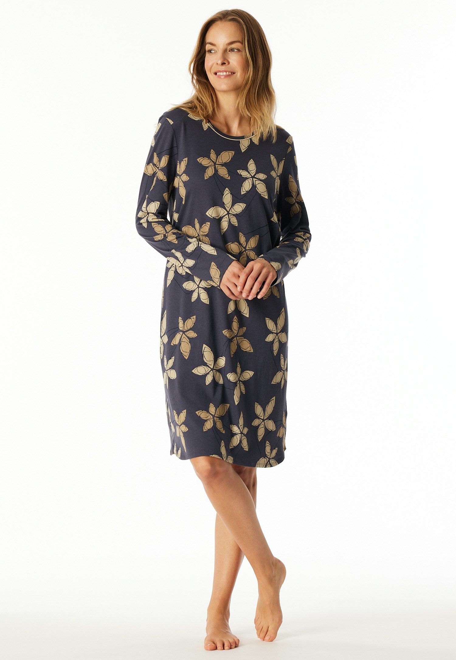Schiesser Nachthemd Comfort Nightwear florales Muster, langärmelig, Single-Jersey, Rundhalsausschnitt