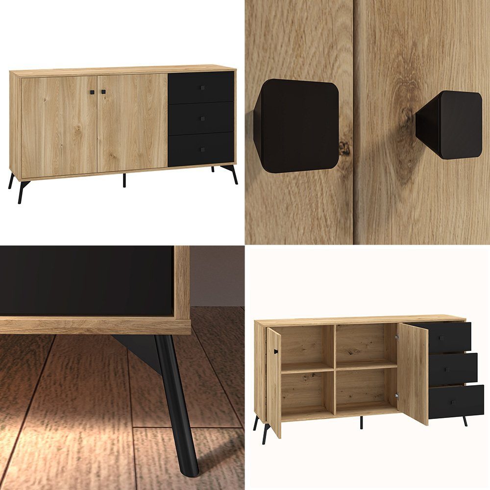 Lomadox Wohnwand und Couchtisch schwarzen Akzenten 6-tlg), Beleuchtung ARONA-132, Eiche Sideboard (6-St