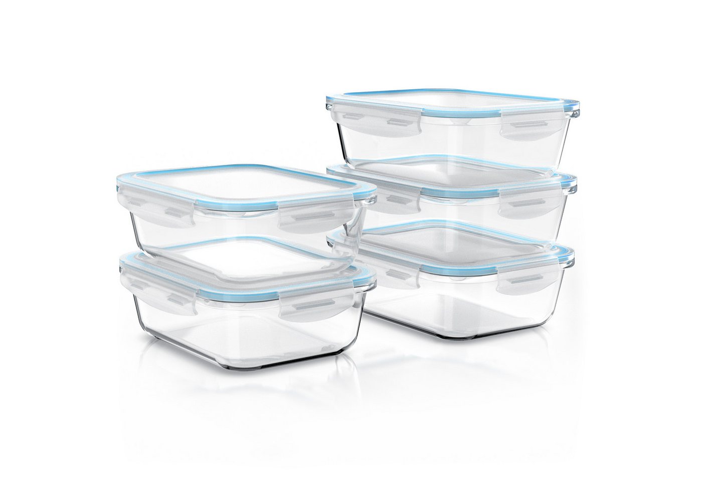 Arendo Frischhaltedose mit Deckel 5er Set, Vorratsdosen, Glas-Lunchboxen, auslaufsicher, Borosilikatglas, Kunststoff, (5-tlg), Mikrowellen-, Ofen-, Gefrier- & spülmaschinengeeignet, Klickverschluss