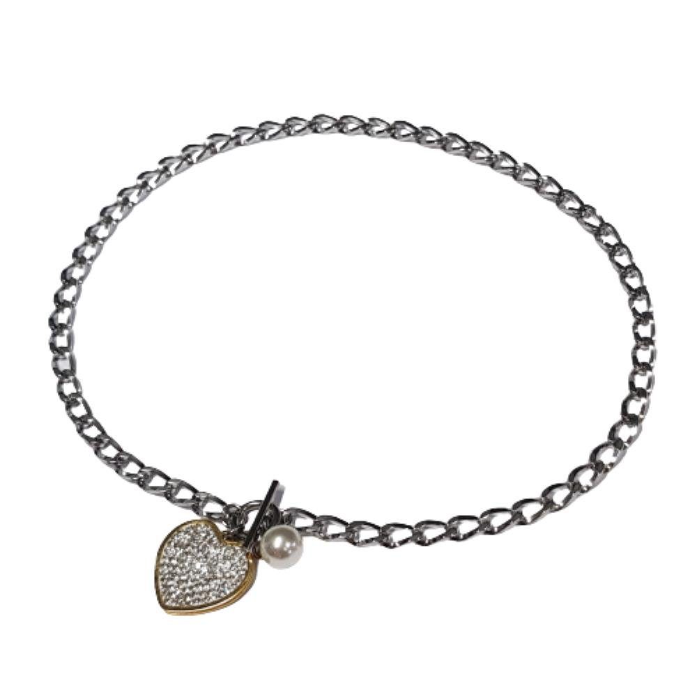BUNGSA Halskette Damen silber Edelstahl Kette zweifarbig mit Necklace und Herz Perle aus Ketten-Set (1-tlg),