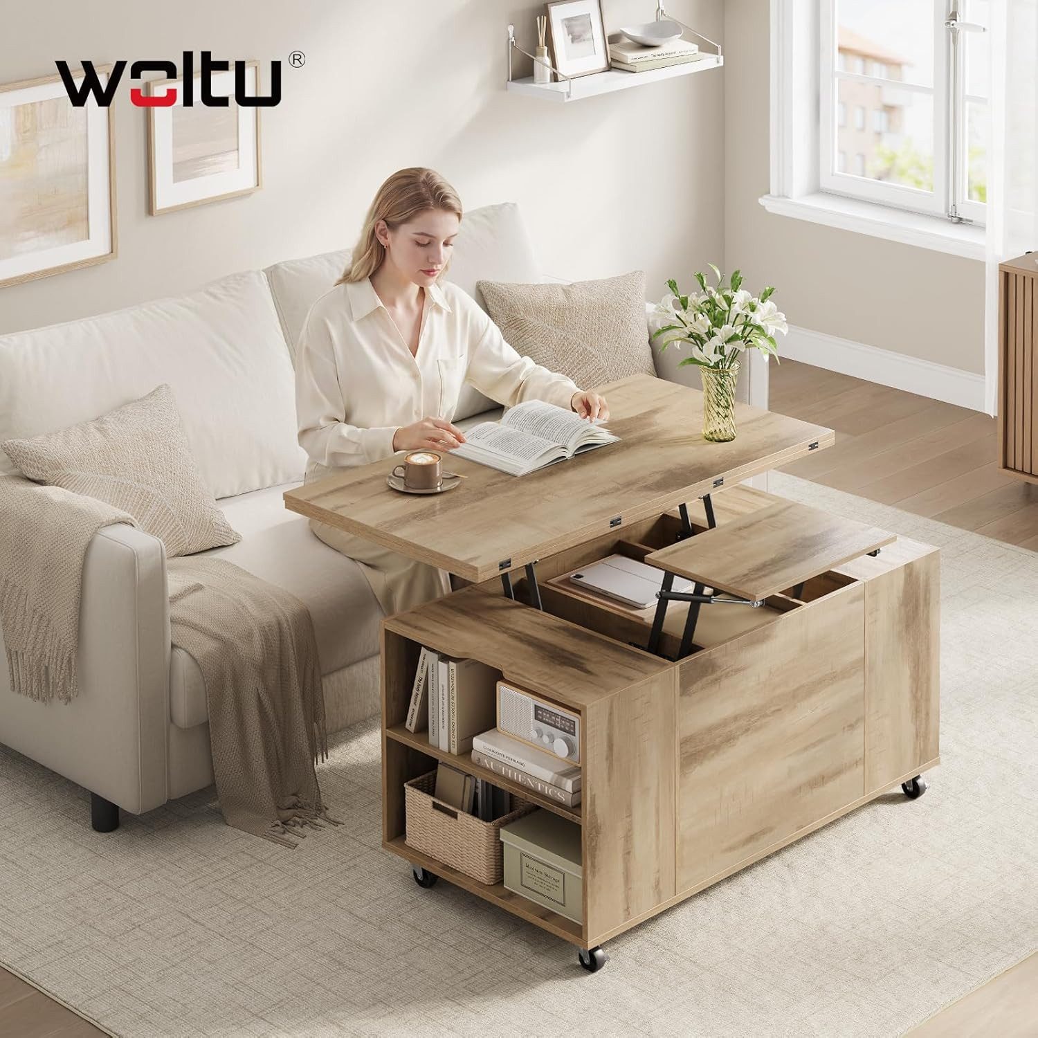 Woltu Couchtisch (1-St), höhenverstellbar mit Rollen, Hebeplatte Schublade