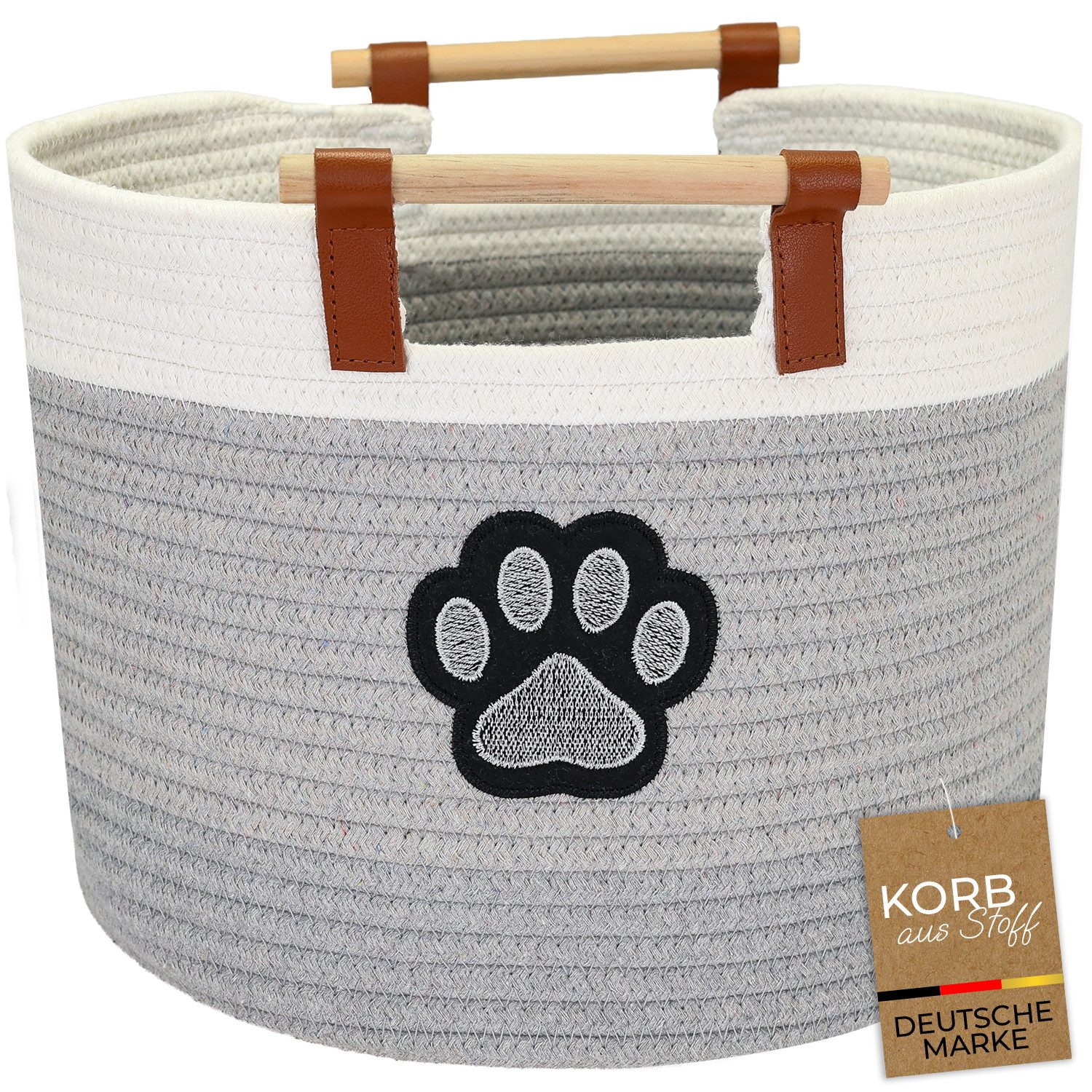 HMF Aufbewahrungskorb Aufbewahrungskorb mit Holzgriffen, runder Korb, Baumwolle für Kinderzimmer oder Babyzimmer, Hundepfote 30 x 30 x 24 cm