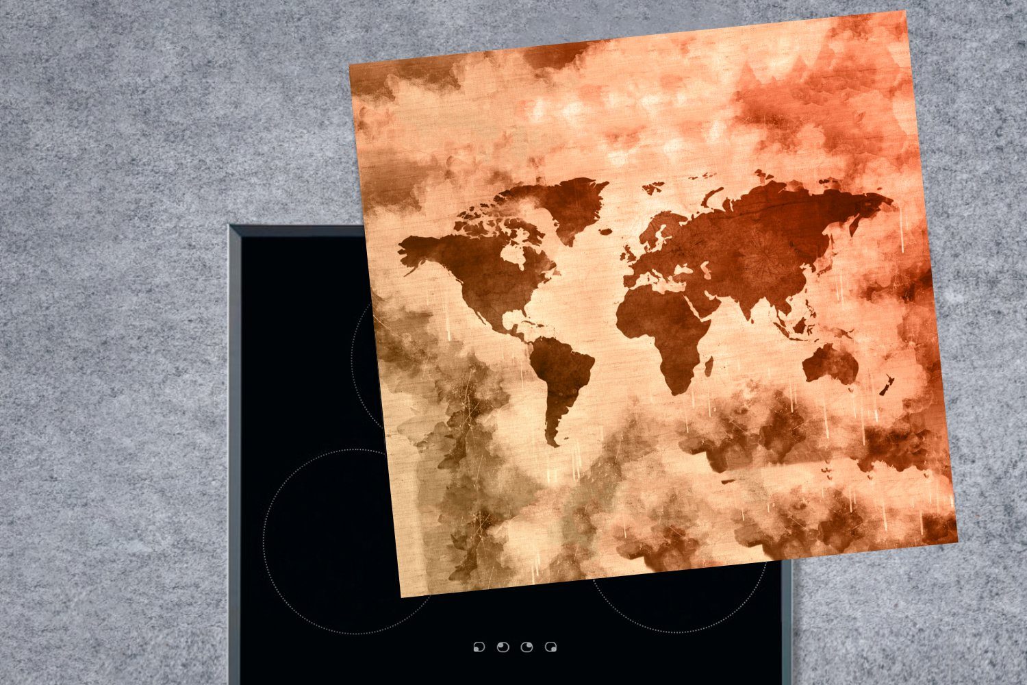 Braun, Vinyl, cm, tlg), - Smoke - für Weltkarte MuchoWow Herdblende-/Abdeckplatte Arbeitsplatte küche Ceranfeldabdeckung, 78x78 (1
