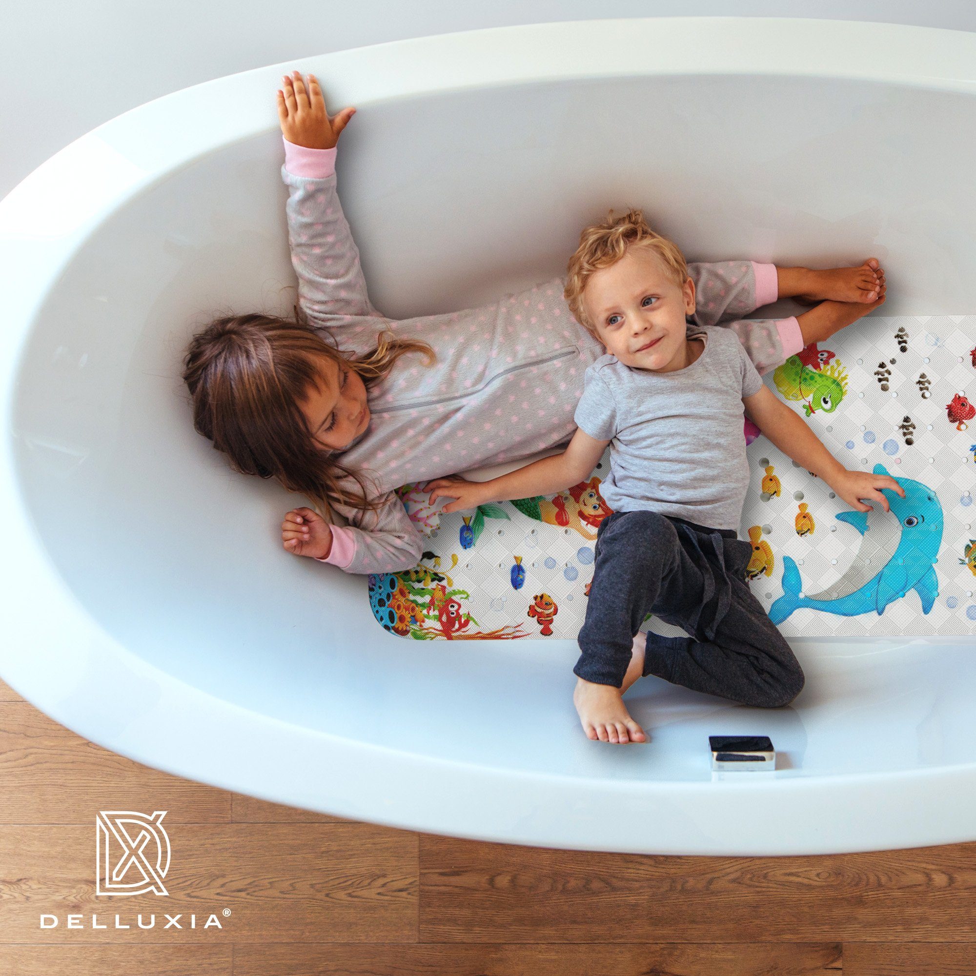 Delluxia Bathtub Mat for Children, Non-Slip, XL, W: 40 cm, L: 100 cm, incl. Hanging Loop, Odorless, Mold-Free, Plasticizer-Free