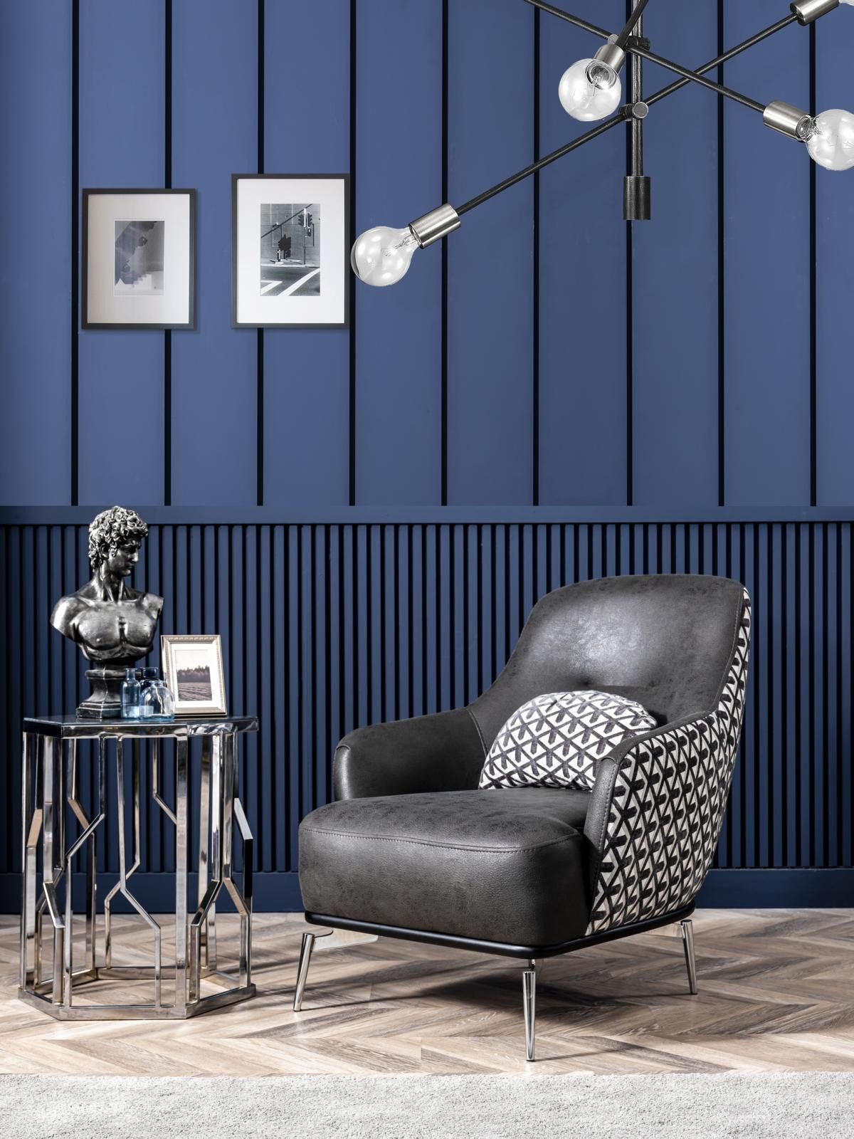 JVmoebel Ohrensessel Moderner Kunstleder-Sessel in Schwarz mit Edelstahlfüßen (Packung, 1-St., Sessel), Made in Europa