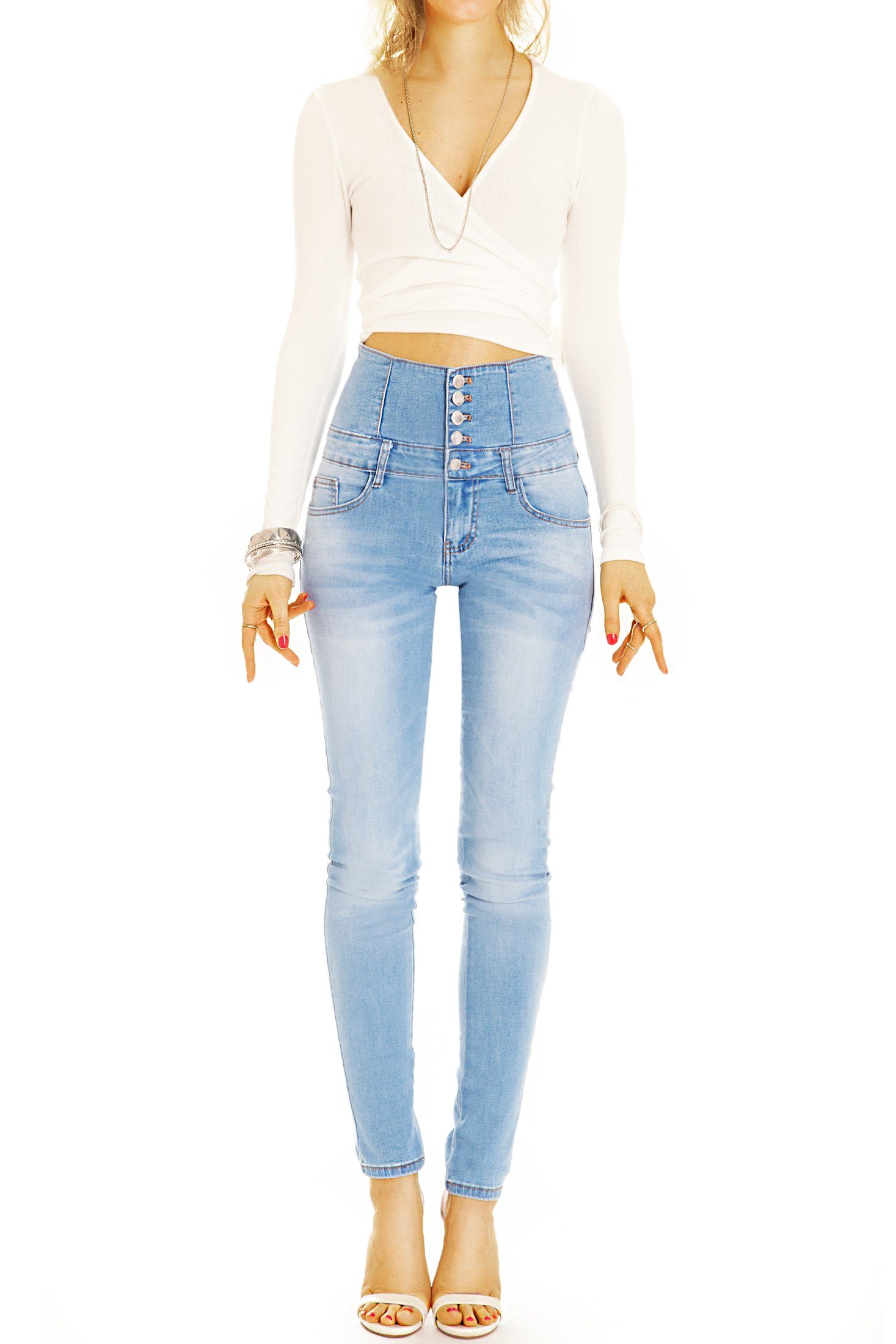 styled j35p langer Waist mit be High Knopfleiste Jeans High-waist-Jeans Röhrenjeans High - mit 5-Pocket-Style, Waist Damen Stretch-Anteil, -