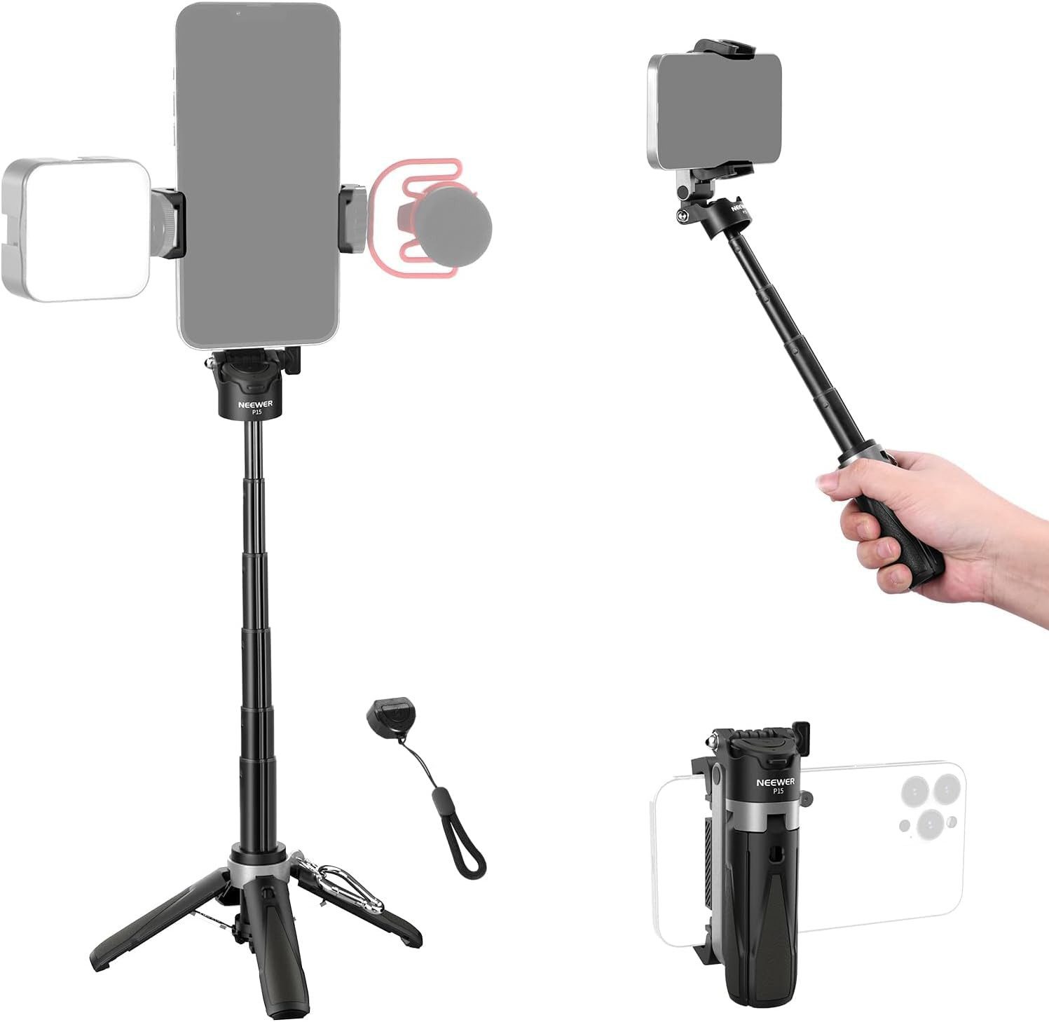Neewer Selfie-Stick P15 Bluetooth-Selfiestick mit Fernauslöser, 360° Handy Halterung