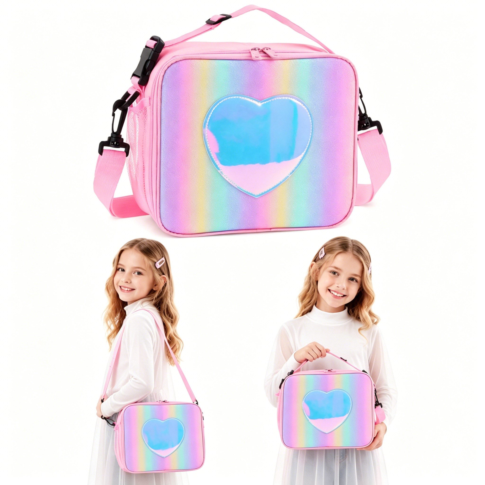 Diwzbyn Lunchbox Lunchbag Isoliert, Auslaufsicher, Regenbogen-Design in Rosa, Mit Laser-Effekt, Wiederverwendbar für Schule & Freizeit
