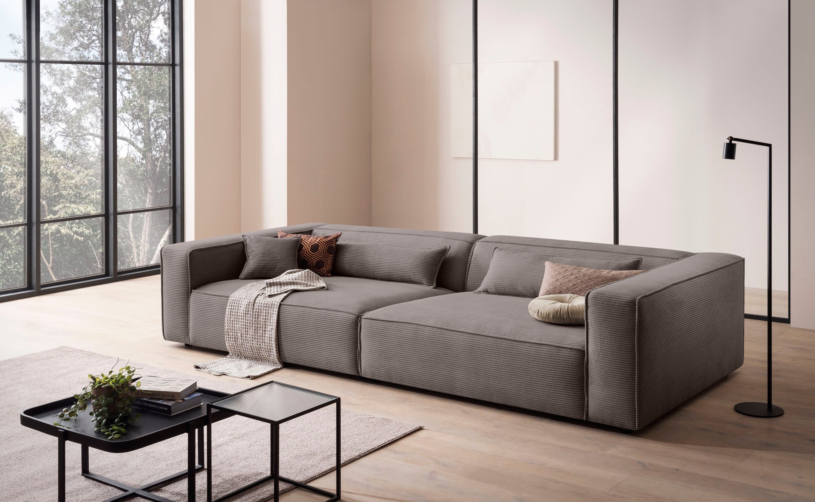 LeGer Home by Lena Gercke 3-Sitzer PIARA XXL Cord, Sofa mit Kedernaht, schwarze Füße, bequemer Sitzkomfort, extra tiefe Sitzfläche
