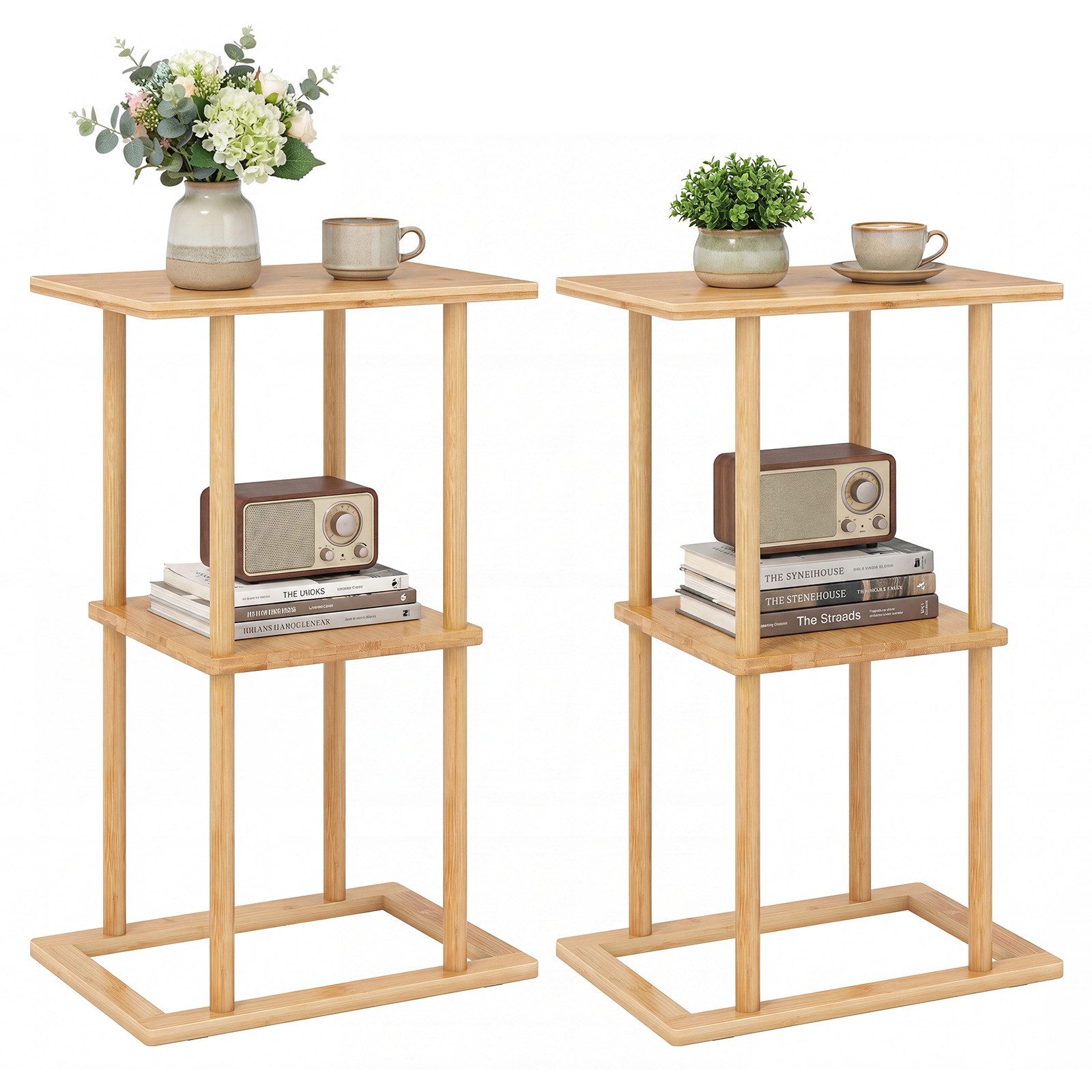 COSTWAY Beistelltisch (2er Set), Nachttische Bambus, rechteckiger Sofatisch Natur