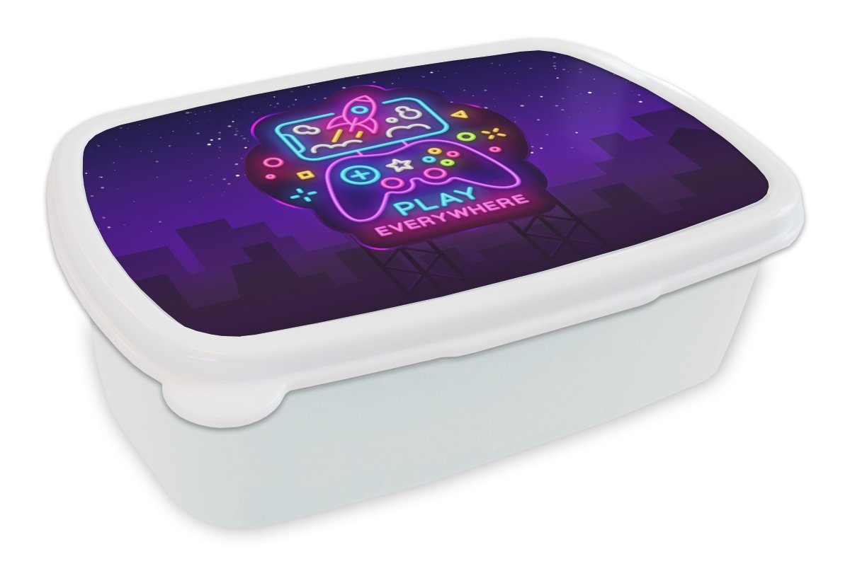 MuchoWow Lunchbox Gaming - Neon - Spielen - Blau - Nacht - Controller, Kunststoff, (2-tlg), Brotbox für Kinder und Erwachsene, Brotdose, für Jungs und Mädchen weiß