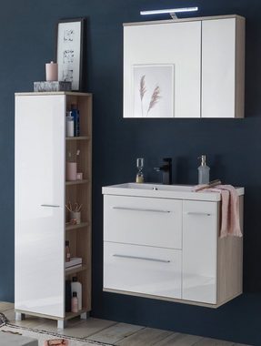 Furn.Design Badmöbel-Set Venni, (Komplett-Set in weiß Hochglanz und Eiche, ca. 130 x 200 cm), inklusive Waschbecken und Beleuchtung