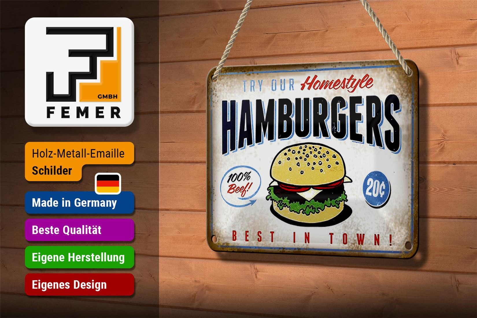 Femer GmbH Metallschild Spruch 18x12cm Hamburger best in town 100% Beef, (1 St), gewölbte Oberfläche, abgerundete Ecken, umgeschlagene Kanten