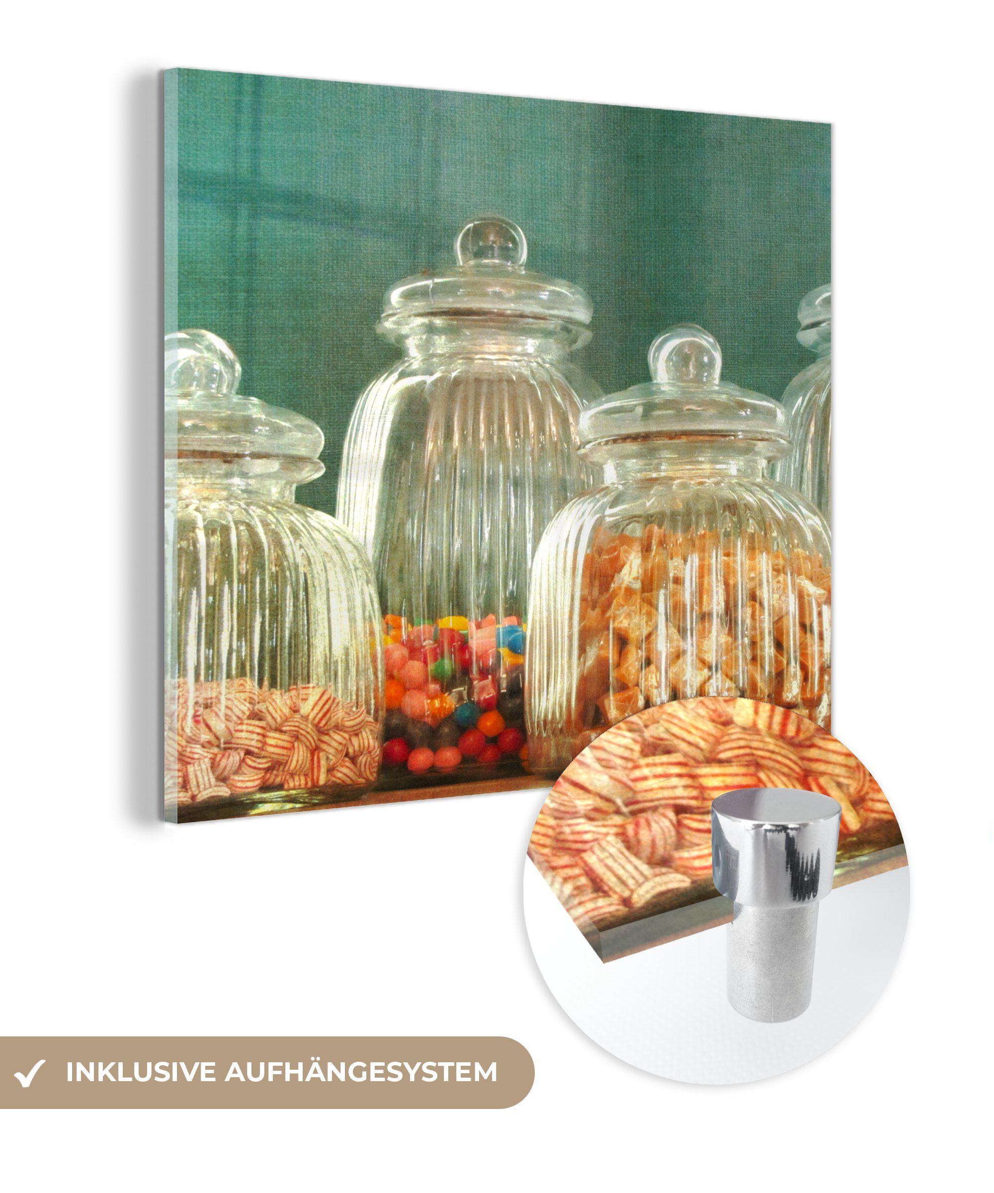 MuchoWow Acrylglasbild Antike Glasgefäße mit Süßigkeiten gefüllt, (1 St), Glasbilder - Bilder auf Glas Wandbild - Foto auf Glas - Wanddekoration