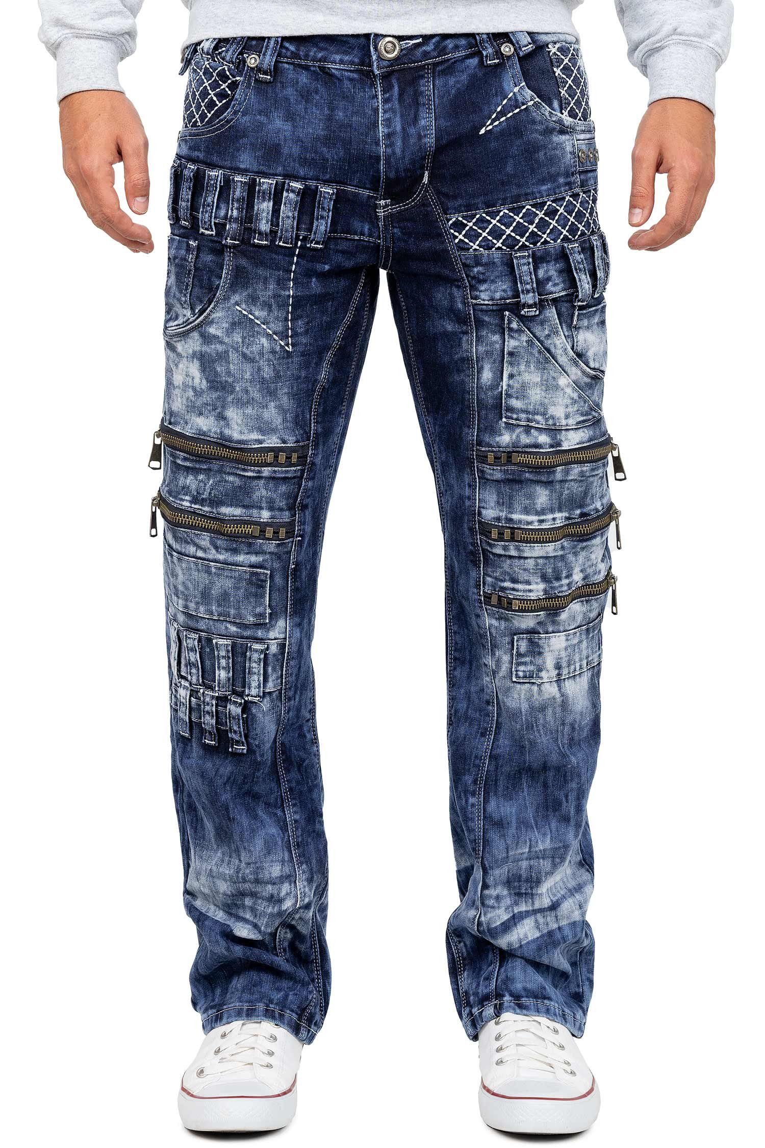 Kosmo Lupo 5-Pocket-Jeans Herren Regular Fit Hose Stonewashed KM8006 (1-tlg) Auffälliges Design mit kontrastierenden weißen Nähten