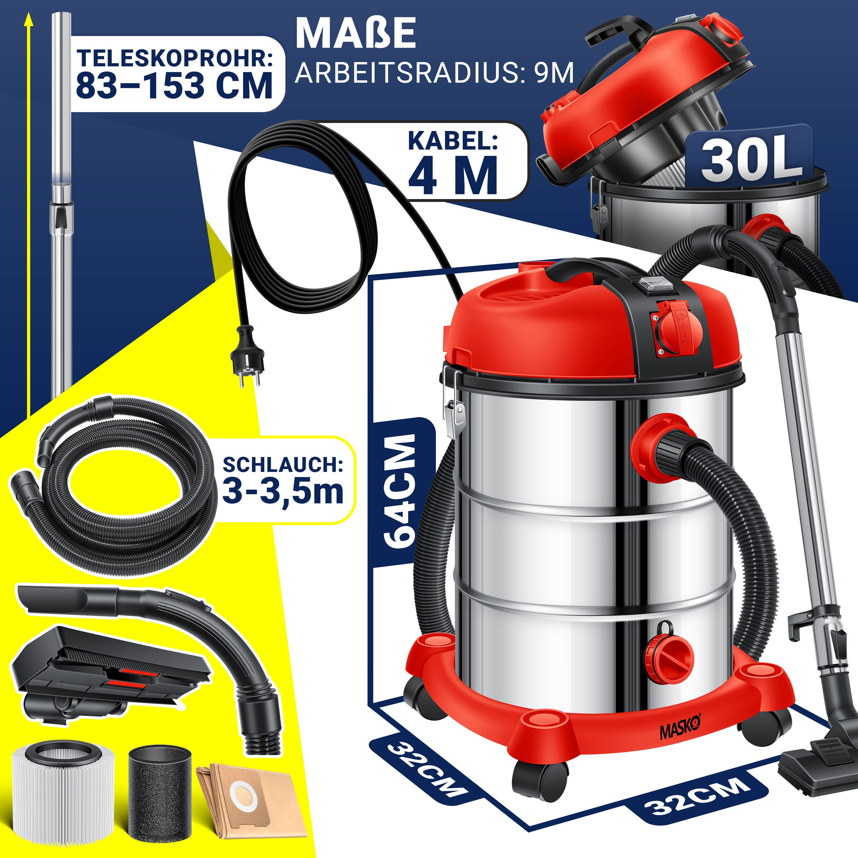 MASKO Industriesauger, 2300 W, Industriestaubsauger Staubsauger Nass Trocken Sauger Edelstahl