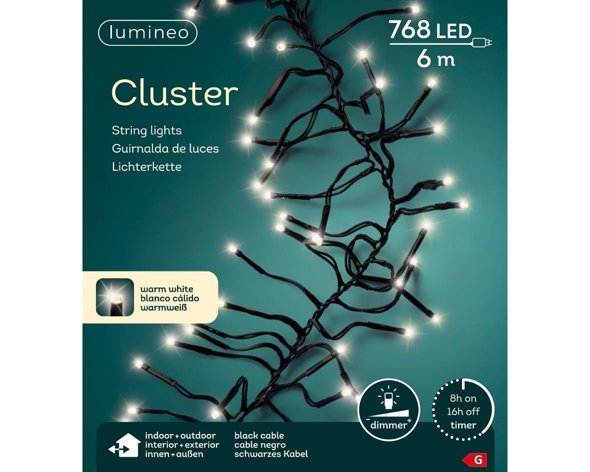 Lumineo LED-Lichterkette Lichterkette Cluster 768 LED's 6 m warm weiß,  schwarzes Kabel, Indoor & Outdoor, dimmbar, 8h-Timer, Weihnachten,  Dekoration