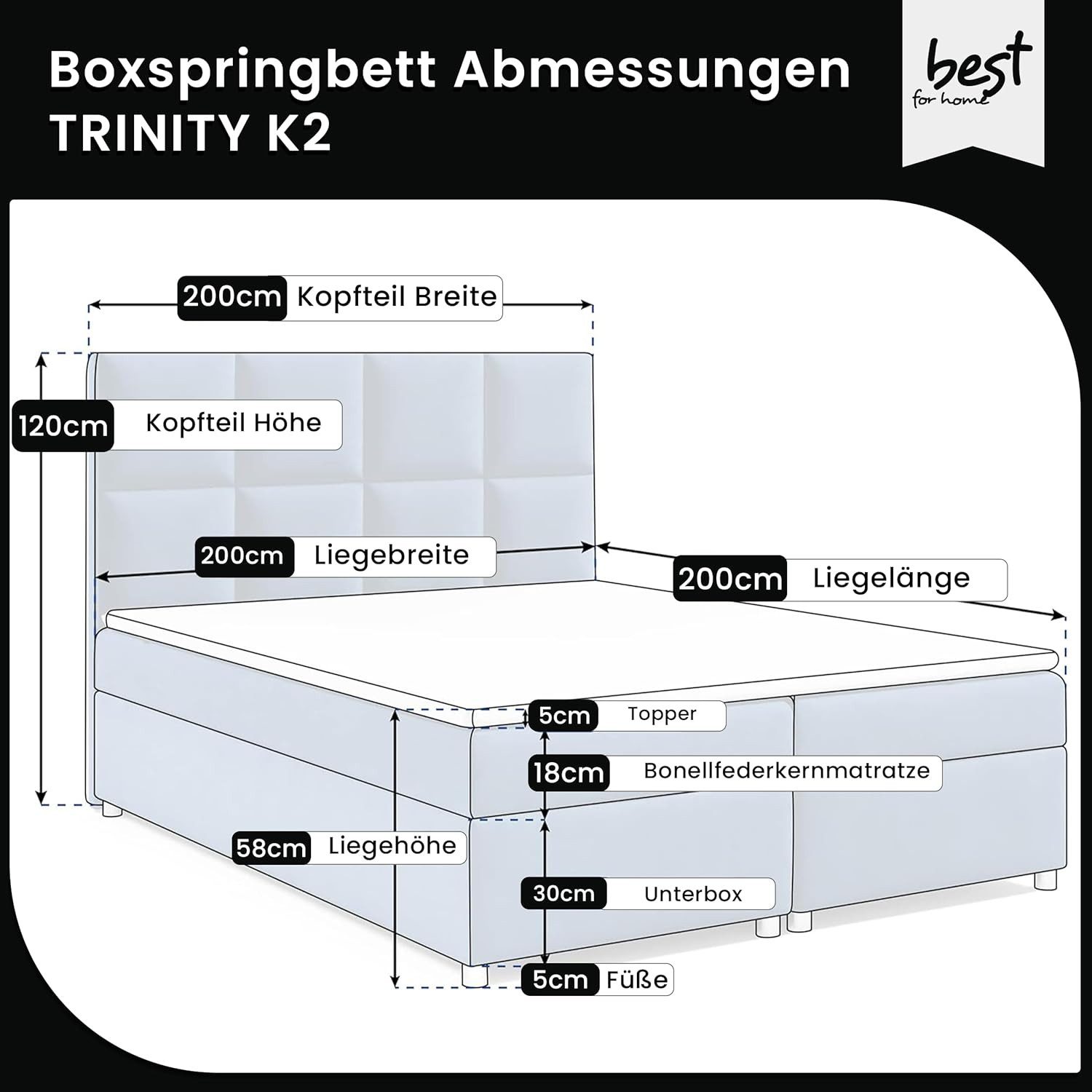 Best for Home Boxspringbett mit Stauraum Doppelbett Trinity K-2 mit 7-Zonen Komfort Topper (Polsterbett Doppelbett Boxbett mit gepolstertes Kopfteil, versch. Größen, 1-St., 140x200 160x200 180x200 200x200 cm), Handwerksqualität, TOP Preis-Leistungs-Verhältnis