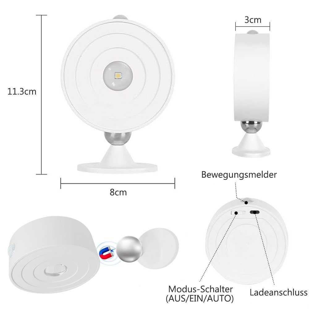 LED MUPOO 1 Wandlampe LED Wiederaufladbar,Magnetisch,Kabello, St. Deckenstrahler Warmweiß, Strahler,Warmweiß,USB 360° Bewegungserkennung,Deckenstrahler