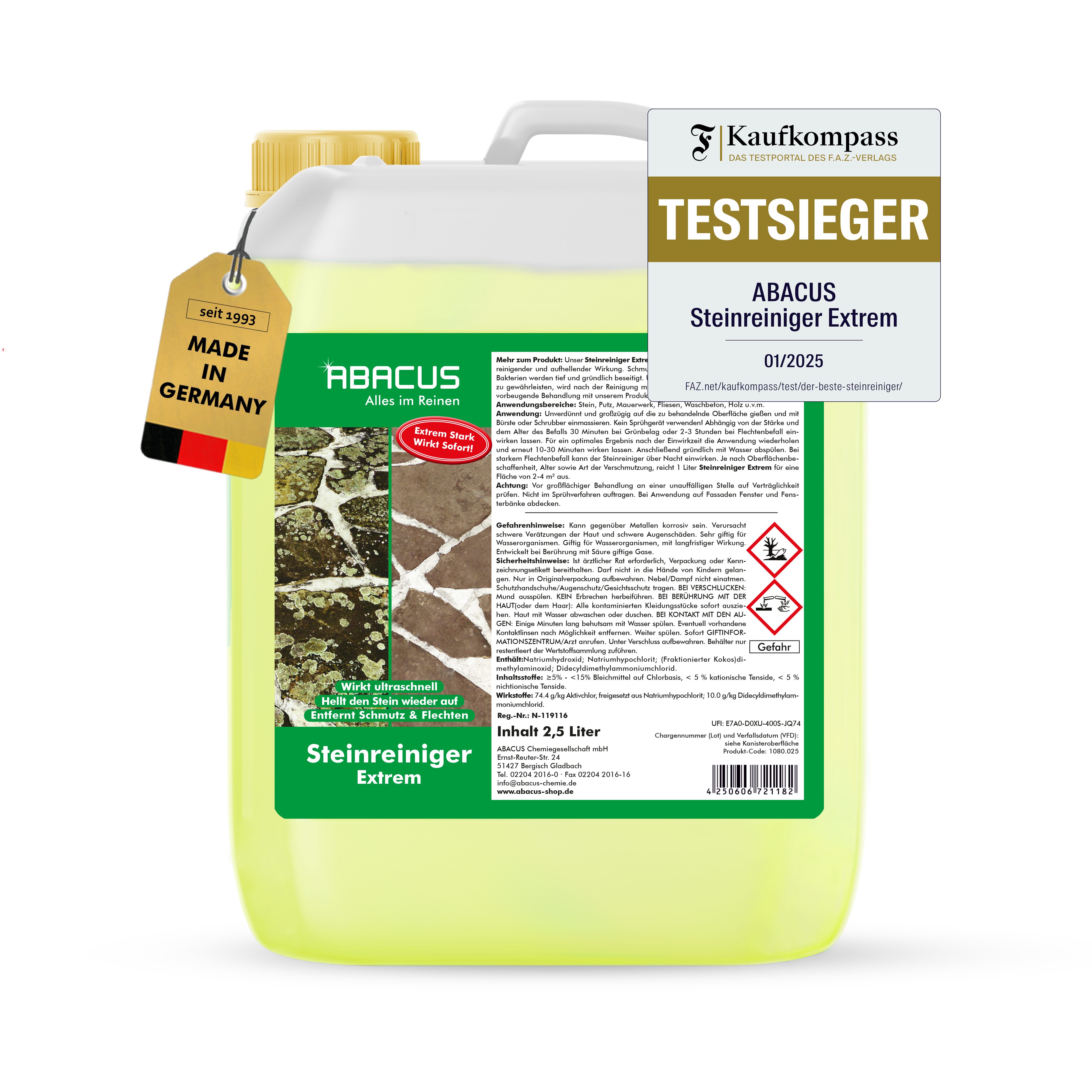 ABACUS Steinreiniger Extrem, Flechtenentferner, Steinreiniger Intensiv außen Grünbelagentferner (Entfernt sofort Algen, Schmutz, Grünbelag und Flechten, [- 2500ml Steinreiniger Extrem mit Sofortwirkung)