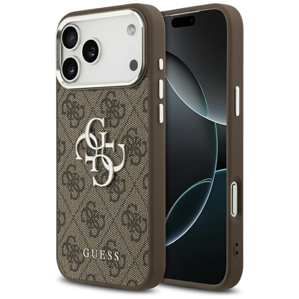 Guess Handyhülle iPhone 17 Pro Max Kunstleder braun Big Logo Metall silber 6,9 Zoll, Kantenschutz