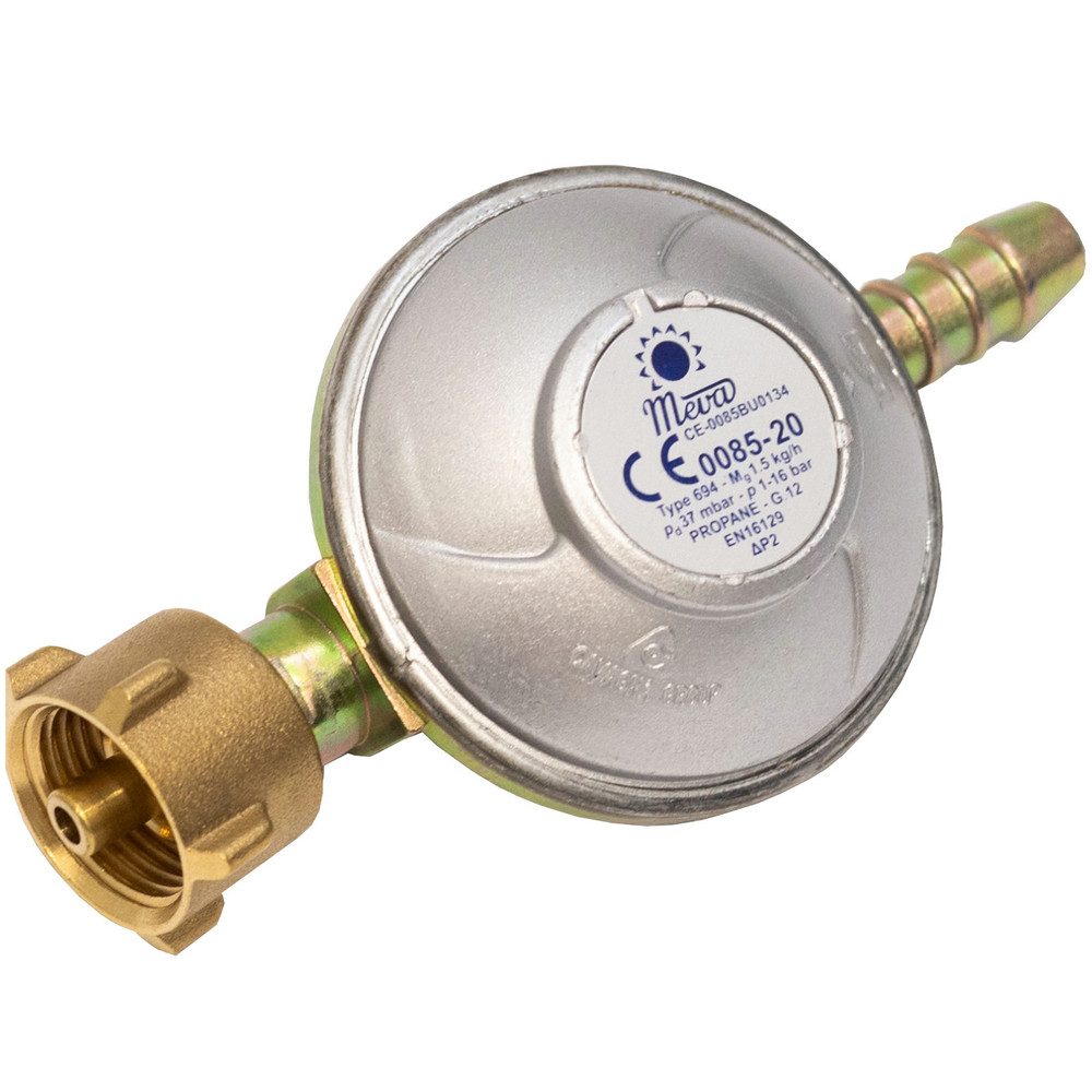 PrimeVal Gasdruckregler Set zum Anschluss von Flüssiggasflaschen, Reduzierstück 37 mbar, 1,5 m, 37.0 mbar, (Spar-Set, 1-St., 1,5 m Schlauch robust), 37 mbar, Messinganschluss, inkl. Schlauch & Schellen