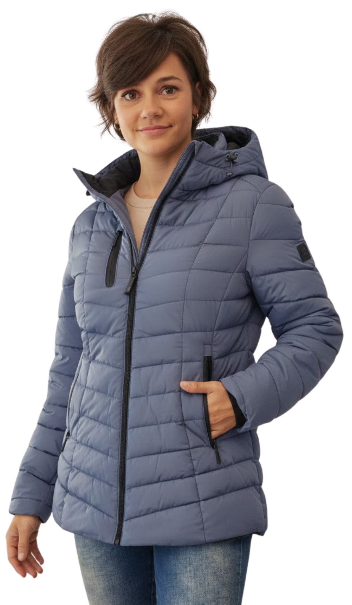 BLUE FLAME Steppjacke 60-307 Long-Steppjacke mit Kapuze mit wasserdichten Reißverschlüssen an den Taschen