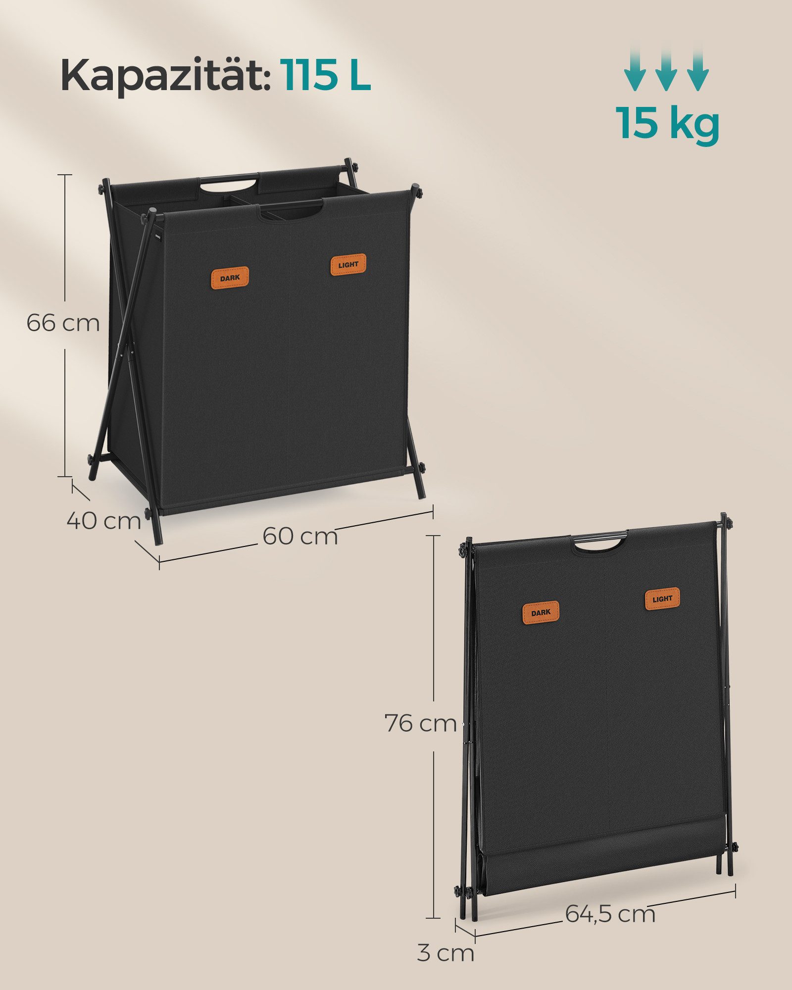 SONGMICS Wäschekorb, Wäschesammler 115 Liter, Wäschebox, klappbares X-Gestell