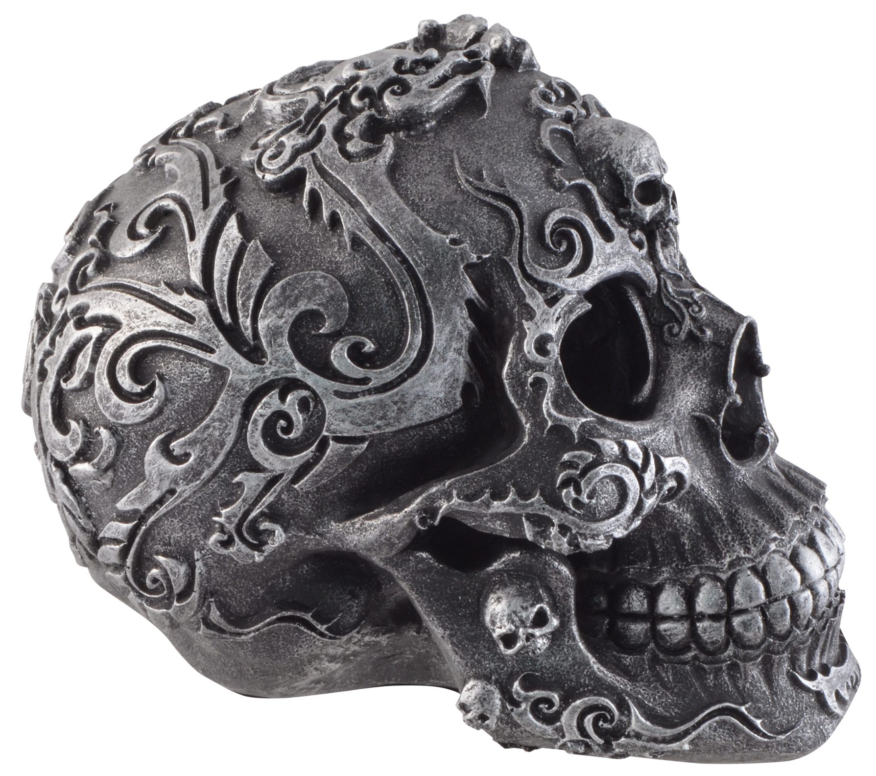 Vogler direct Gmbh schwarzer Kunststein, ca. 12x17x13 verziert, Symbolen mit "Gothik Schädel LxBxH cm silbernen aus Dekofigur Skull" Größe