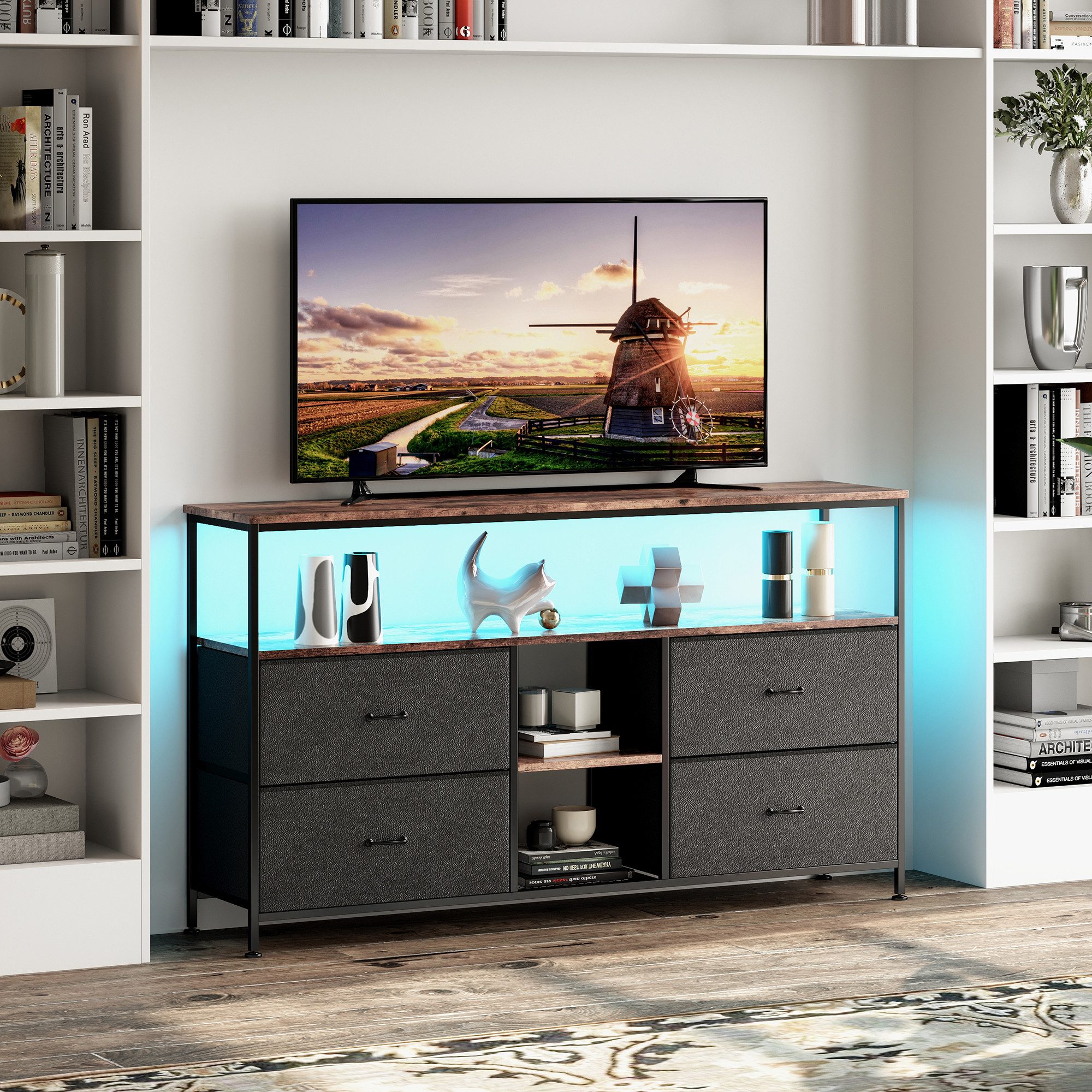 BELUPAI Lowboard TV Schrank mit LED und Schubladen (Set, 1 St., Fernsehschrank Kommode mit 4 Schubladen aus Stoff), für Fernseher Bis Zu 40 Zoll, für Wohnzimmer – Bild 2 von 5