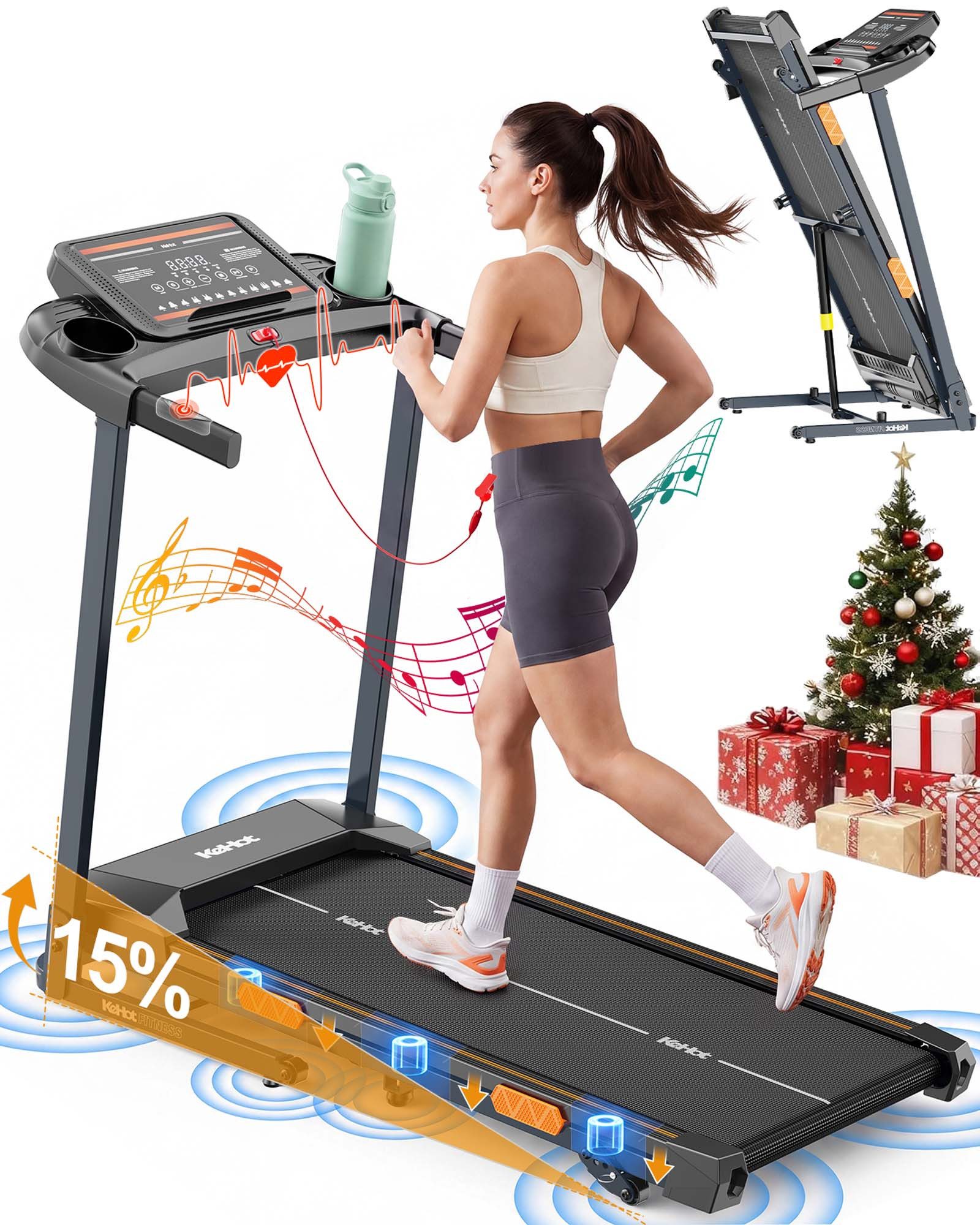 kehot Laufband Laufband für Zuhause klappbar,3-stufige manuelle Steigung 6°/9°/15° (mit Handpulssensoren, Gasdruckfeder,12 Programmen und App-Anbindung, Profi Laufband 3HP Leiser Motor,bis 12km/h,180kg belastbar), Platzsparend faltbar, zusammengeklappt nur 65x57x111cm