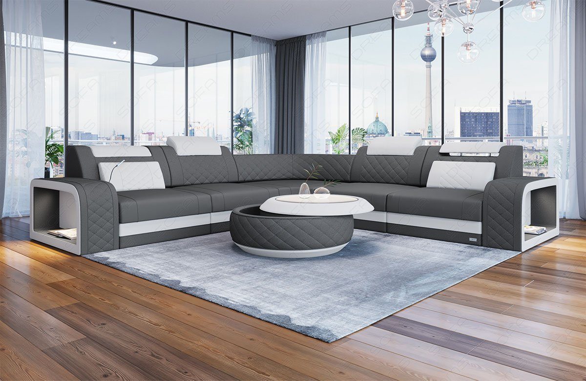 Dreams C77 Stoffsofa, L Ecksofa Anschluss, Designersofa Polstersofa Couch mit Stoff USB LED, Grau-Weiss Sofa Form Foggia