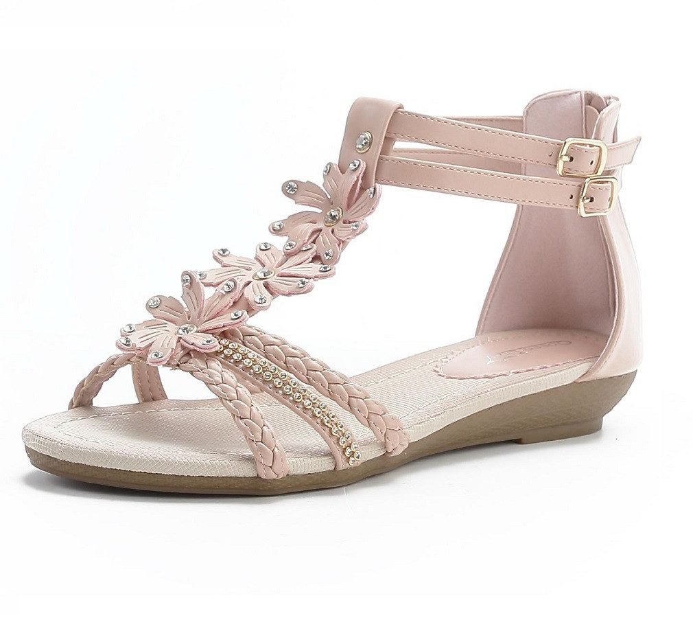 Pogolino ST98 Riemchensandale Damen Sandalen mit Glitzer und Blumen T-Riemen