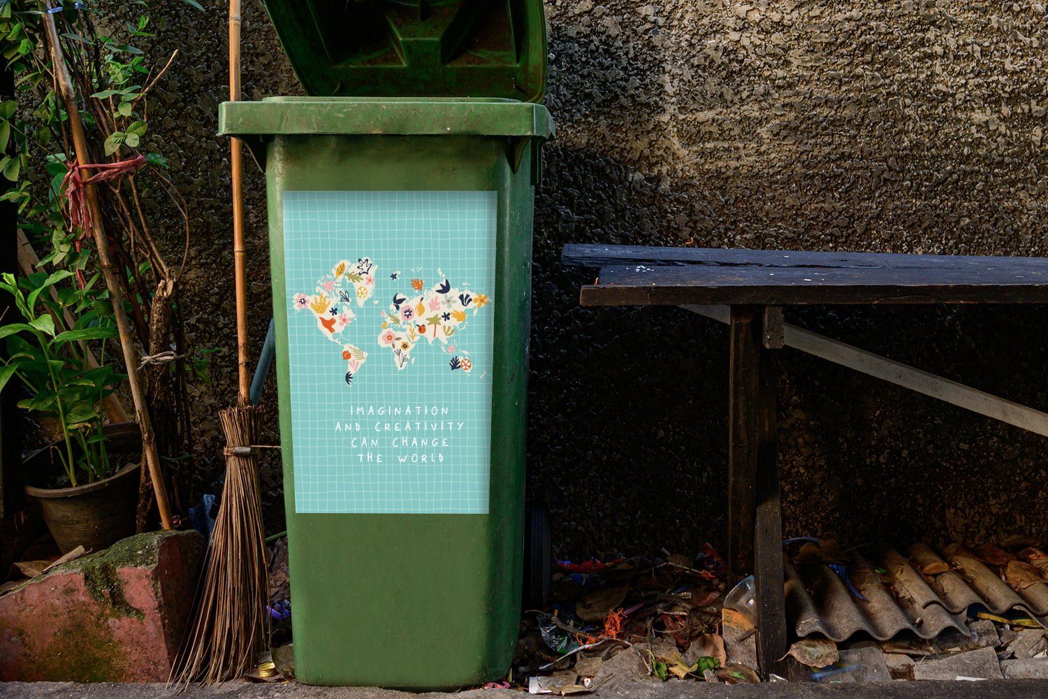MuchoWow Wandsticker Weltkarte - Sticker, Container, Blumen Mülleimer-aufkleber, Früchte St), (1 Mülltonne, - Abfalbehälter - Zitate