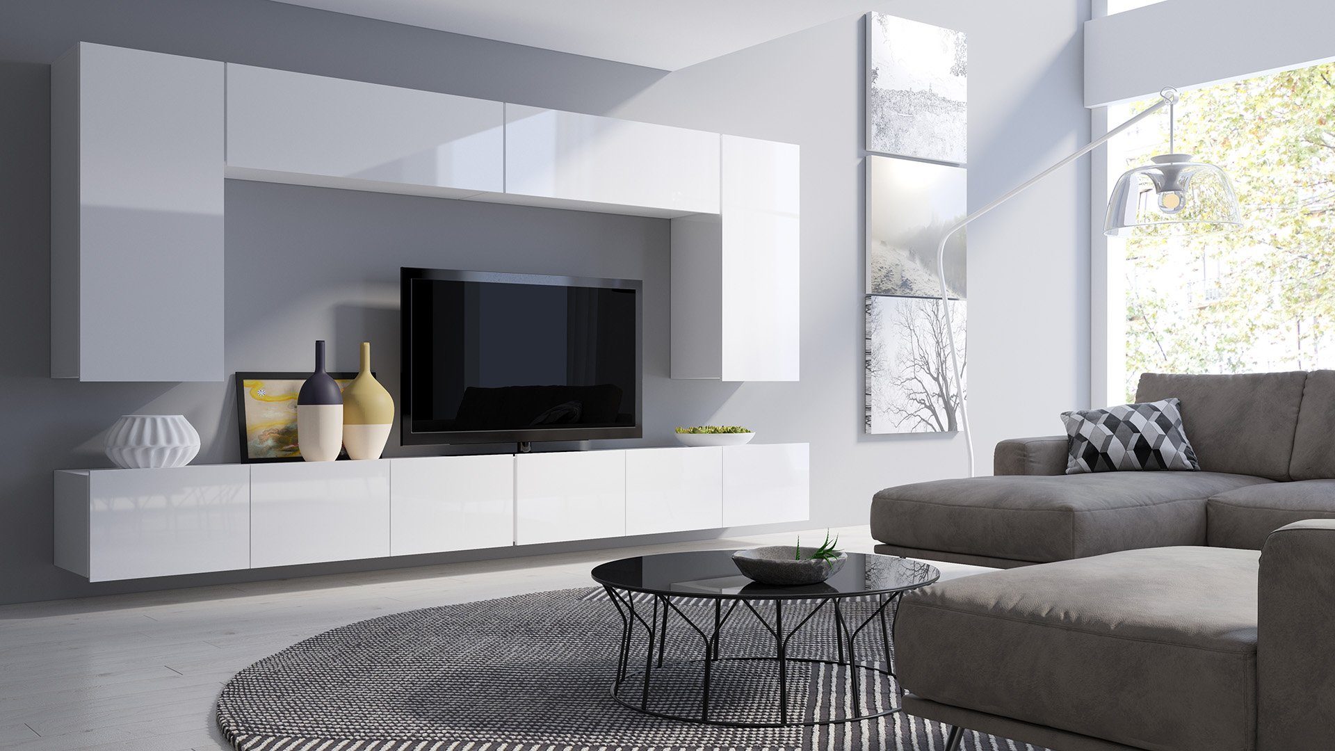 Stylefy Wohnwand Bietula, (Set (6-St), Wohnzimmer-Set), 6-teilig, FSC-Zertifizierung, Modern Design, variabel hängbar Weiß Hochglanz