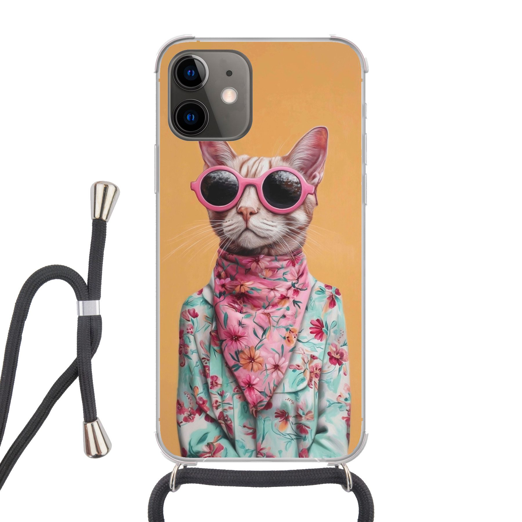 MuchoWow Handyhülle für Apple iPhone 12 Sonnenbrille - Katze - Halstuch - Blumen, Tragbare Handyhüllen mit Kette zum umhängen, Handykette Handyband