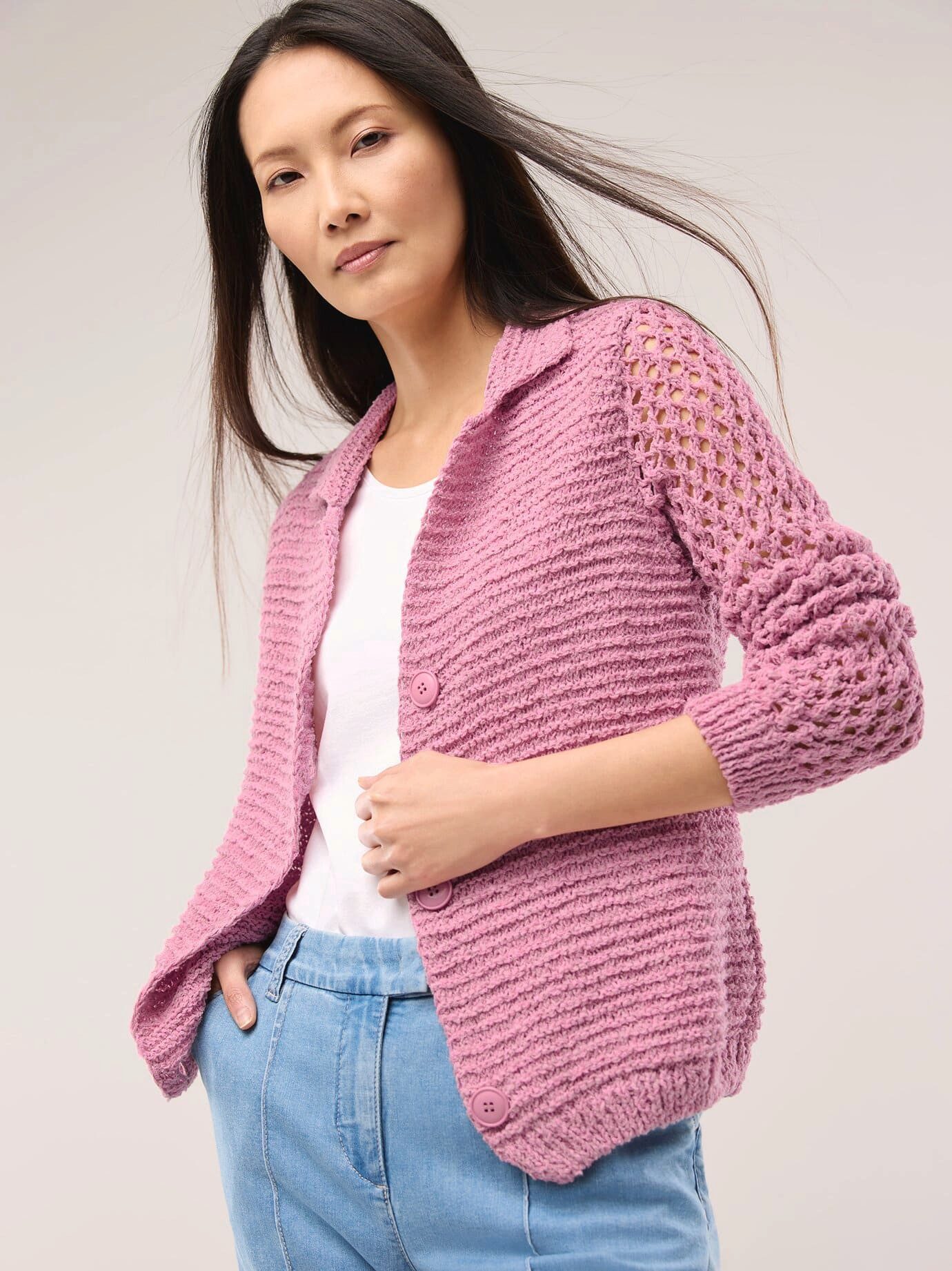 Walbusch Strickjacke Damen Strickjacke mit Leinen Reverskragen Knopfleiste Leinenmix-Cardigan aus italienischem Bändchengarn, pflegeleicht