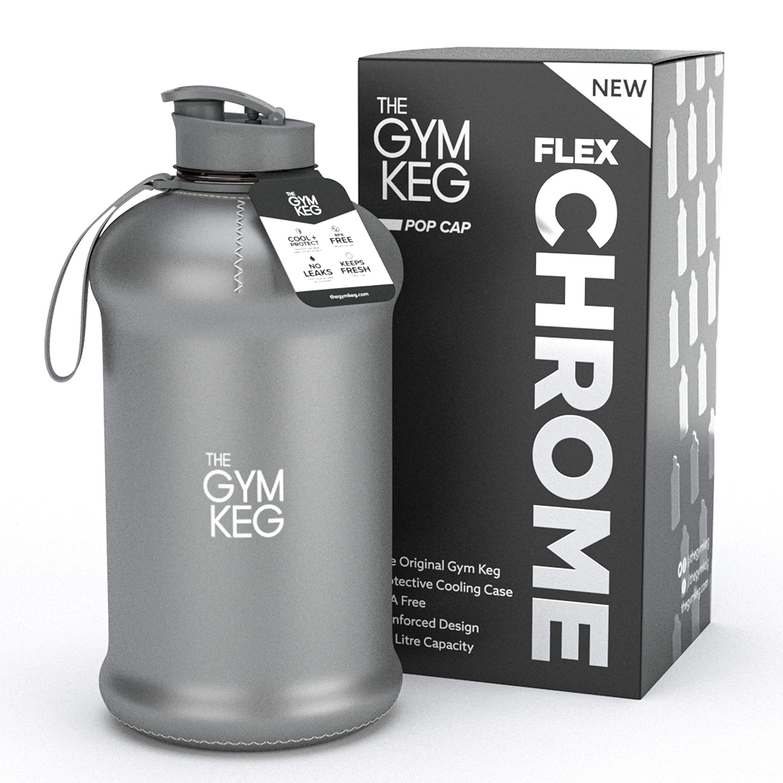 The Gym Keg Trinkflasche 2.2L Gym Trinkflasche mit Neoprene Sleeve und Griff, Wiederverwendbar, Chrom Reflex 2.2 Liter