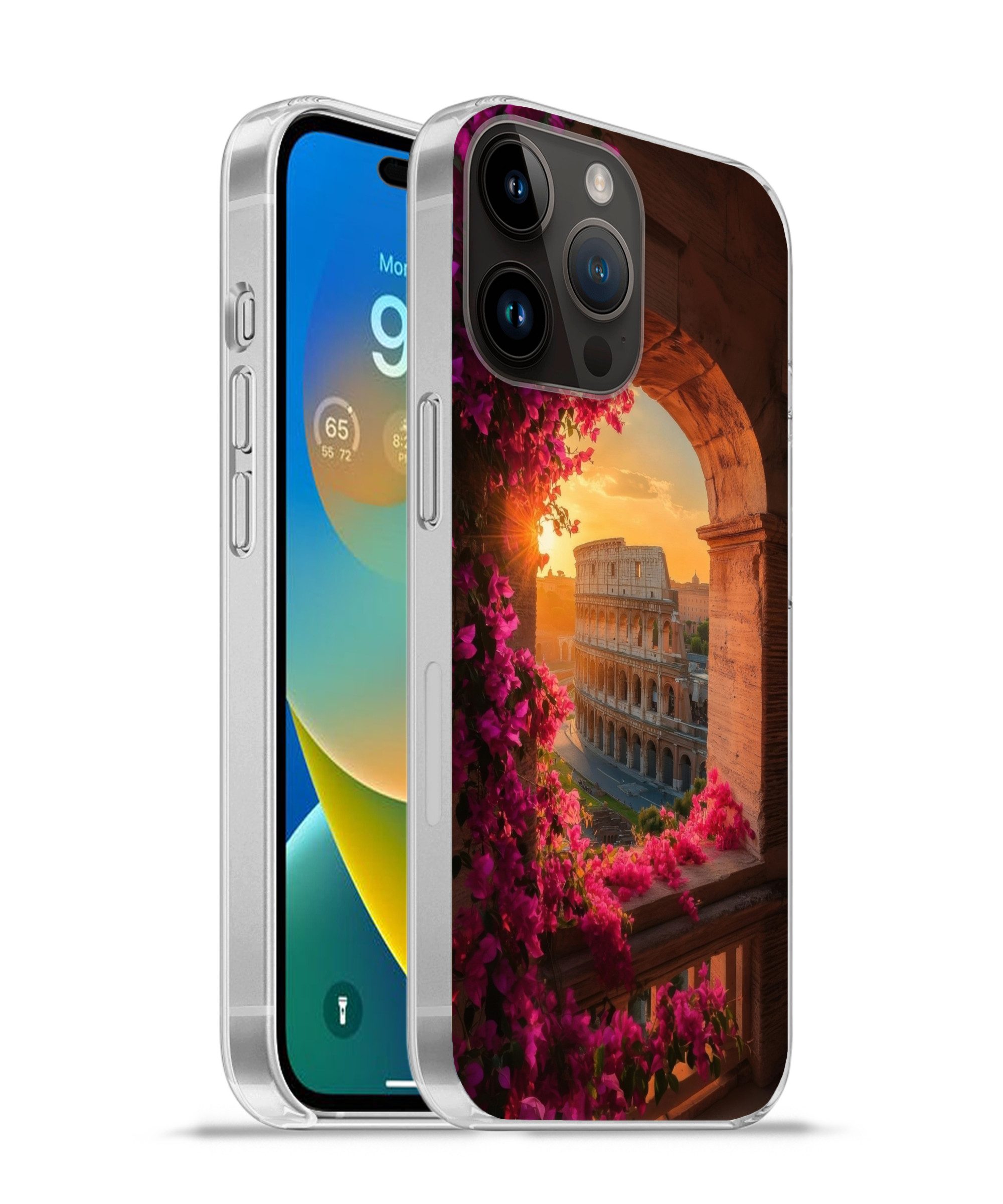 MuchoWow Handyhülle für Apple iPhone 14 Pro Kolosseum - Rom - Rosa Blumen, Smartphone-Bumper, Print, Handy Schutzhülle Dünn