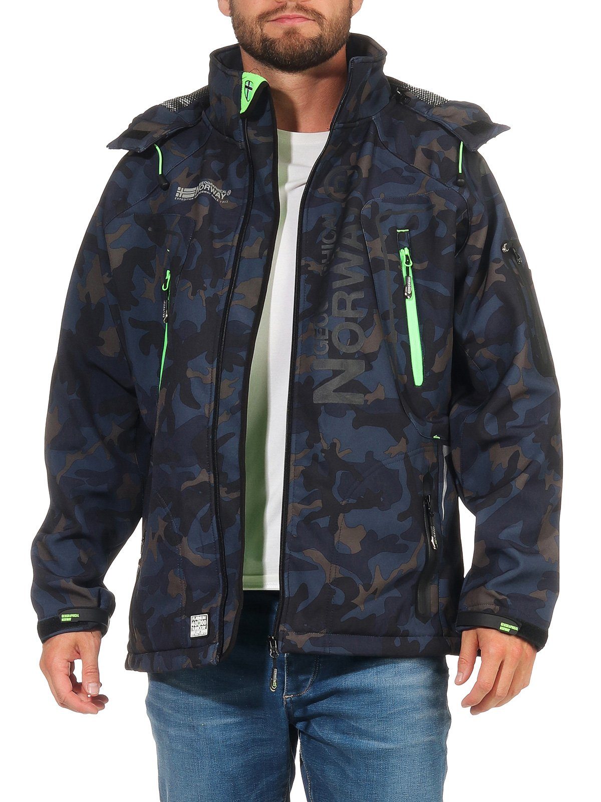 Geographical Norway Softshelljacke Herren Softshell Wander Sport Übergangsjacke Trekking Jacke in Unifarbe, mit abnehmbarer Kapuze, mit Stehkragen