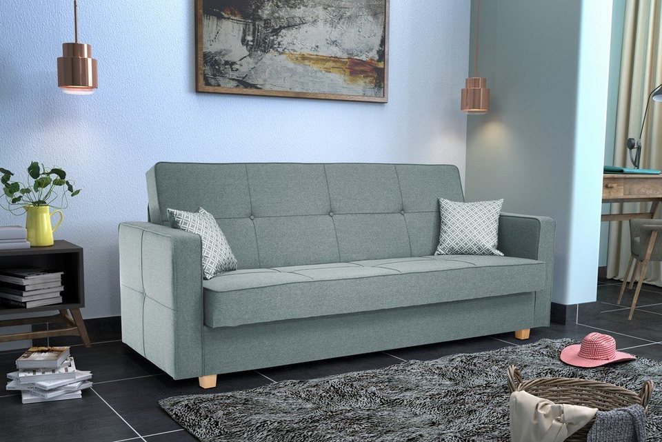 Furnix Schlafsofa MELOTTE Polstercouch mit Schlaffunktion & Bettkasten,  Klick-Klick-Mechanik, B216 x H95 x T95 cm, Made in EU