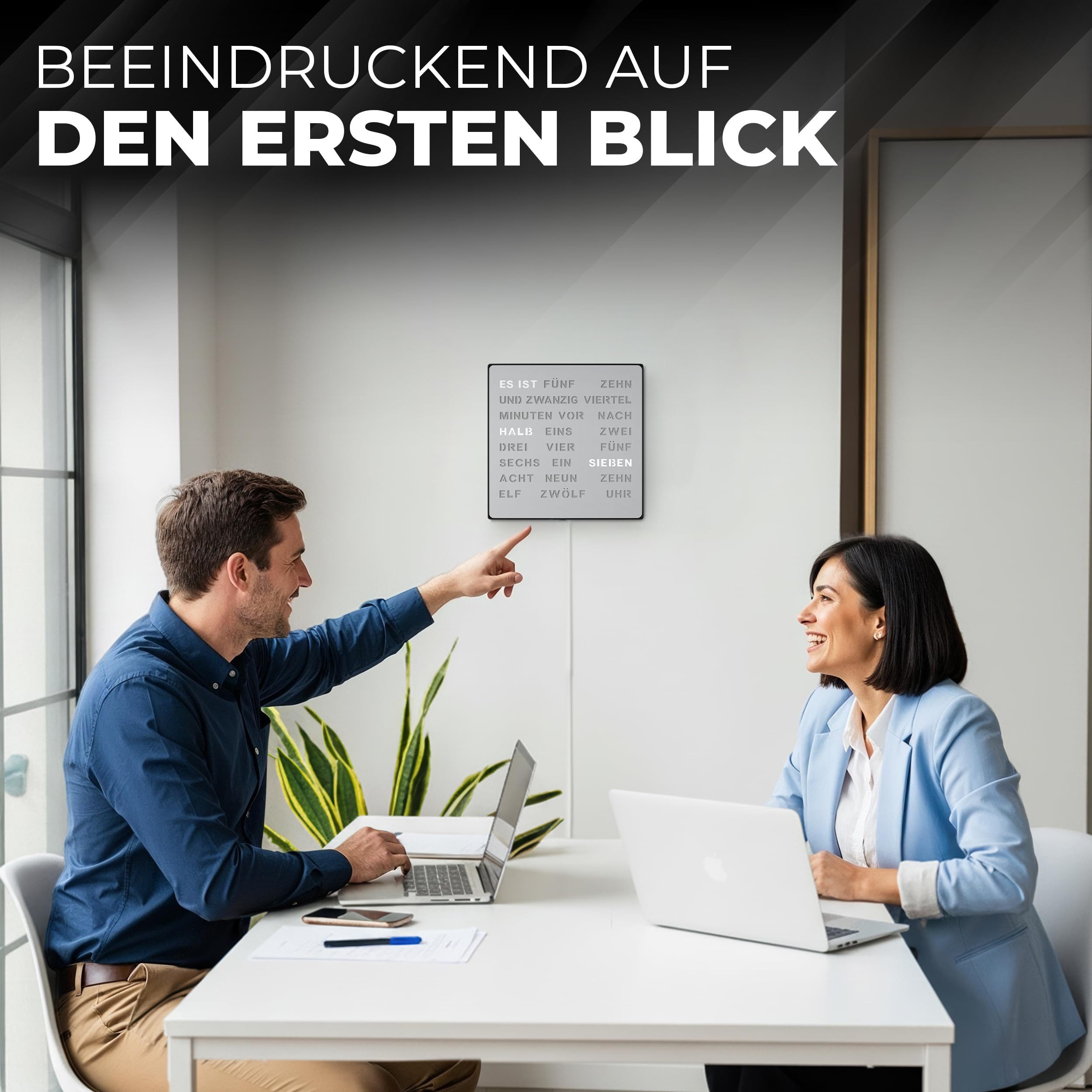 Bada Bing Uhr LED Wortuhr Tischuhr Wanduhr Uhr mit USB Kabel (Metallfront Silber, LED Beleuchtung, Zeitanzeige in Worten)