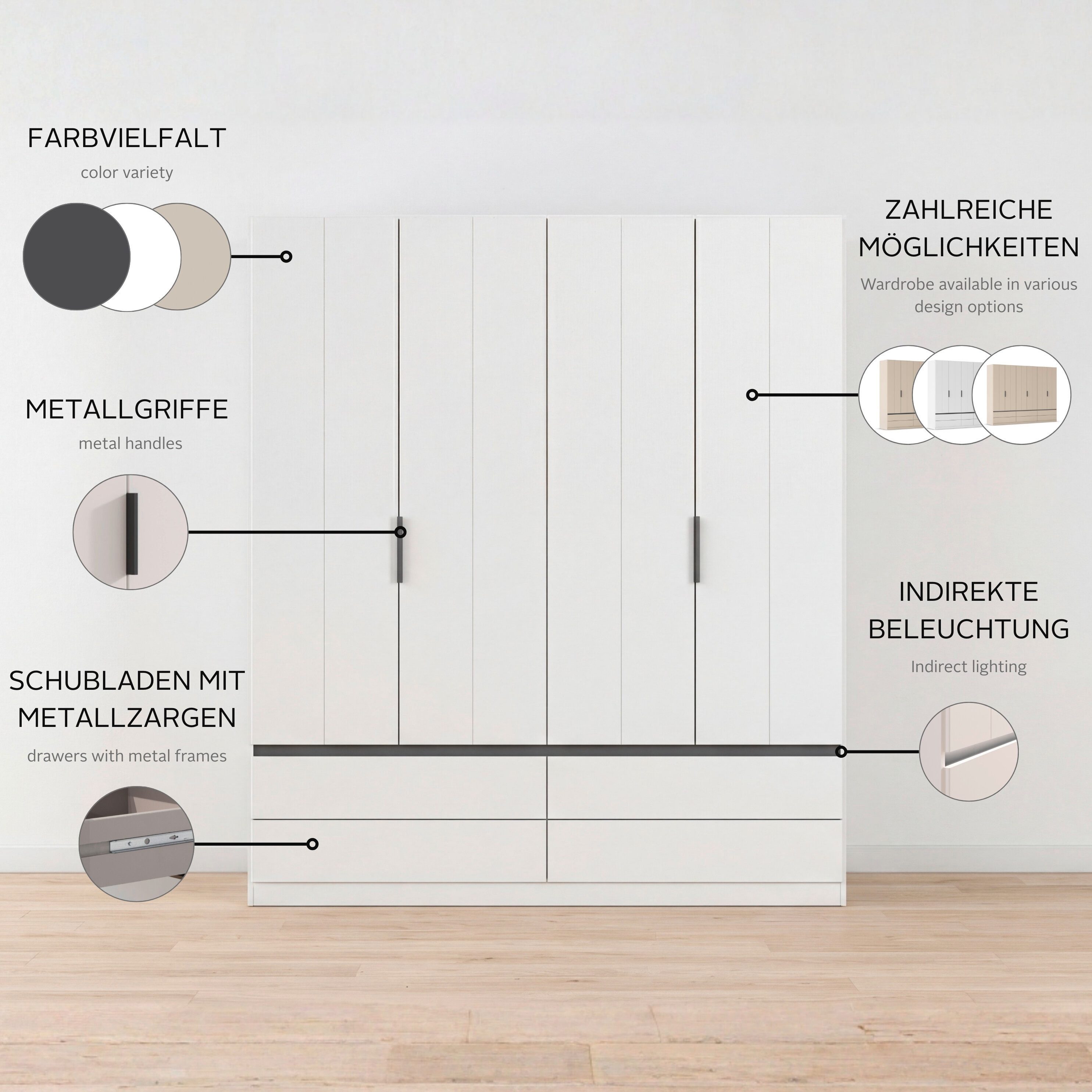 OTTO home Kleiderschrank Schrank Garderobe ARVEN Breiten 181/226/271cm (3 verschiedene Ausstattungen BASIC/CLASSIC/PREMIUM (inkl. SOFT-CLOSE) puristisches Design in Plankenoptik mit Metallgriffen MADE IN GERMANY