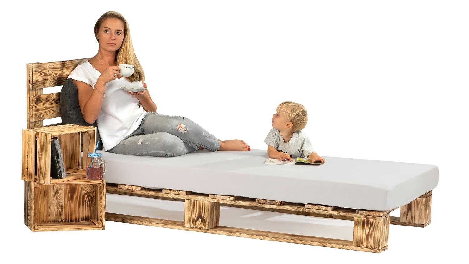 sunnypillow Palettenbett mit Kopfteil Holzbett 80 90 100 120 140 160 180 200 220 240 x 200 cm, 80x200 cm geflammt