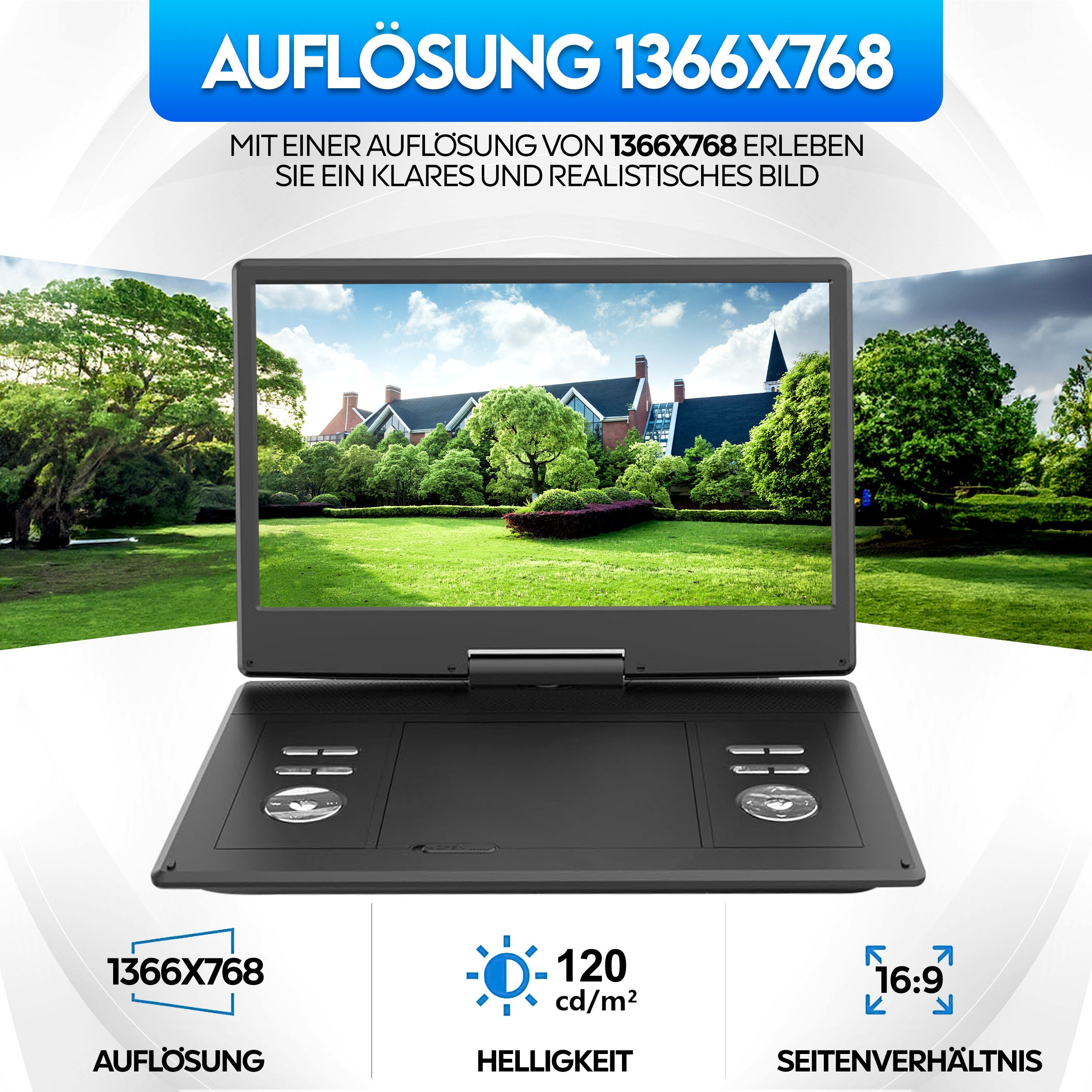 Reflexion DVD1424 Portabler DVD-Player (DVB-T2 HD Tuner, integrierter Akku, 12V Auto Adpater, Game-Disk)