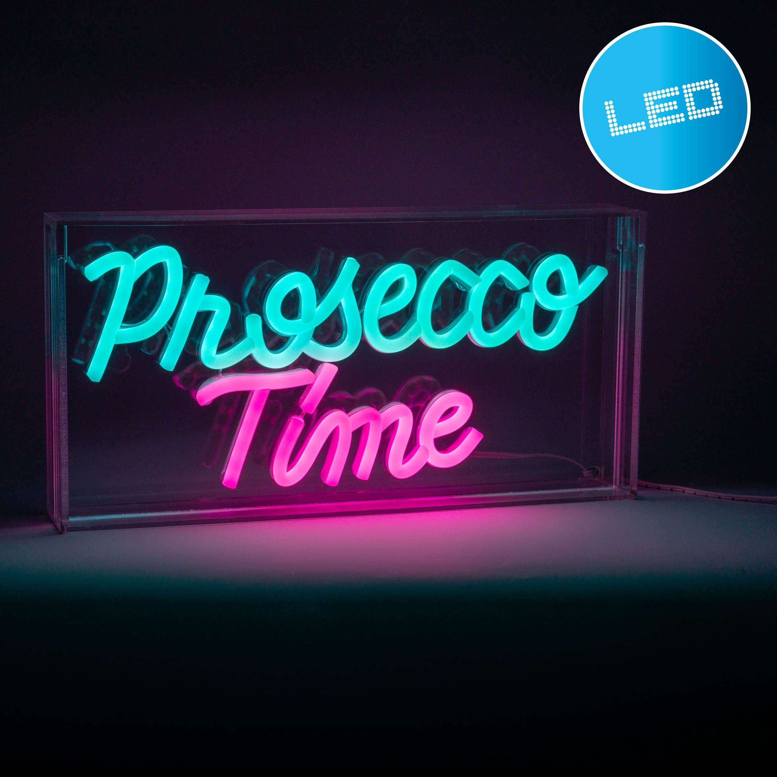 näve LED Dekolicht PROSECCO TIME, USB-Anschluss mit Ladefunktion, LED fest integriert, blau, rot, Schriftzug beleuchtet blau rot, Tisch- Wandfunktion, transparent, USB