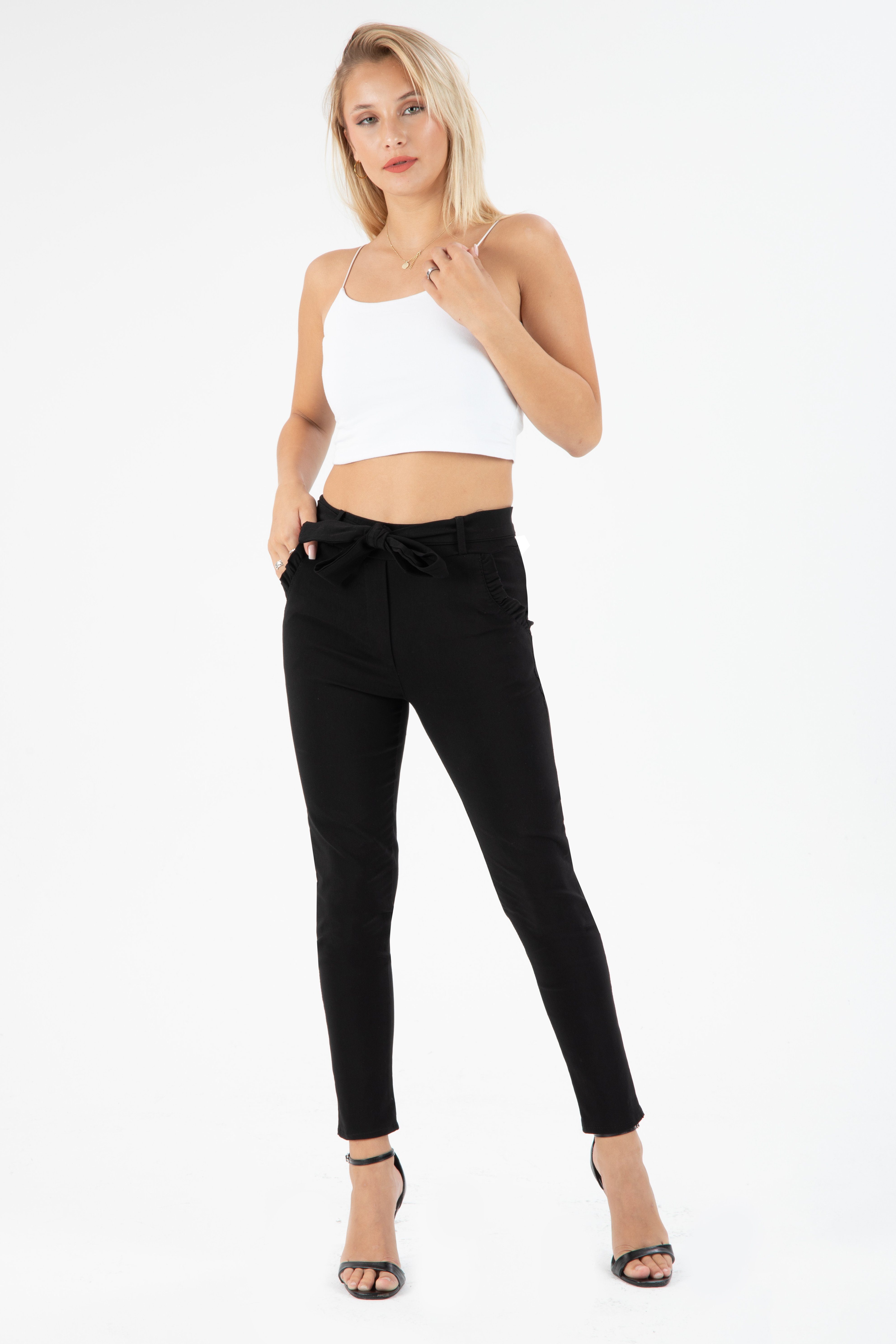 Kendindza Collection Stretch-Hose Stretch Damen Hose elegant Schleife High Waist Stoffhose Schlupfhose elastischer Bund ohne Reißverschluss stretch elastisch