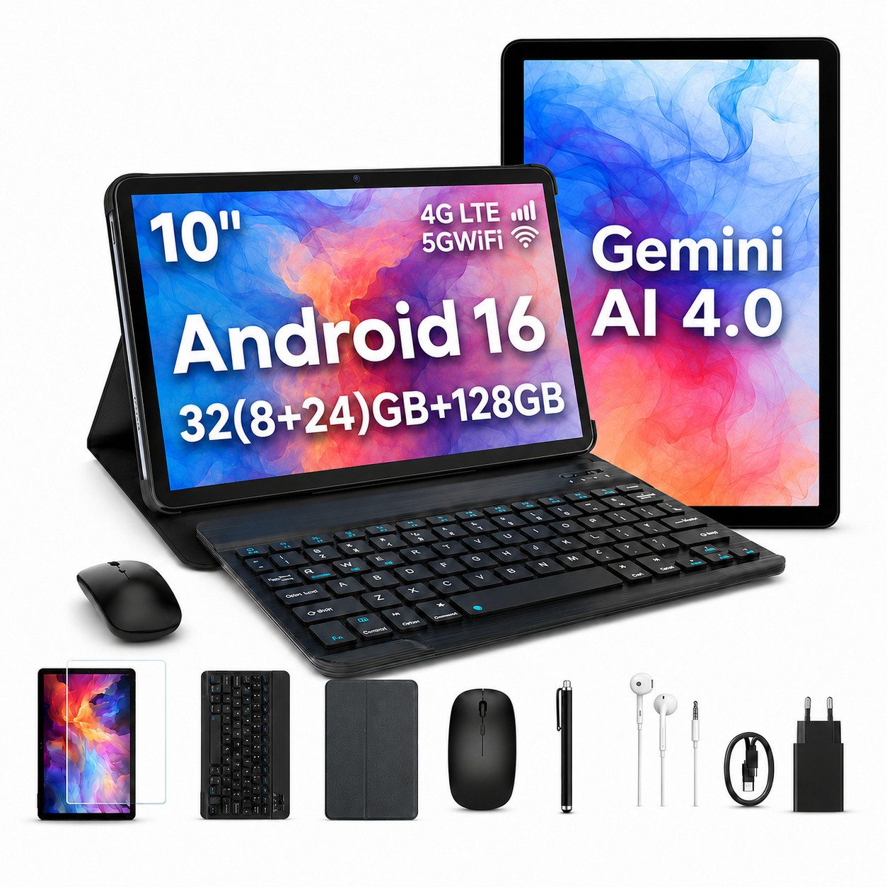 KINGRID 10" 4G LTE W8 Tablet Android 16 mit Tastatur/Stift/Maus/Kopfhörer Tablet (10.1", 128 GB, Android16, 4G(LTE), 6000mAh, Gemini AI 4.0, 5G WiFi, Widevine L1, 32(8+24)GB RAM)