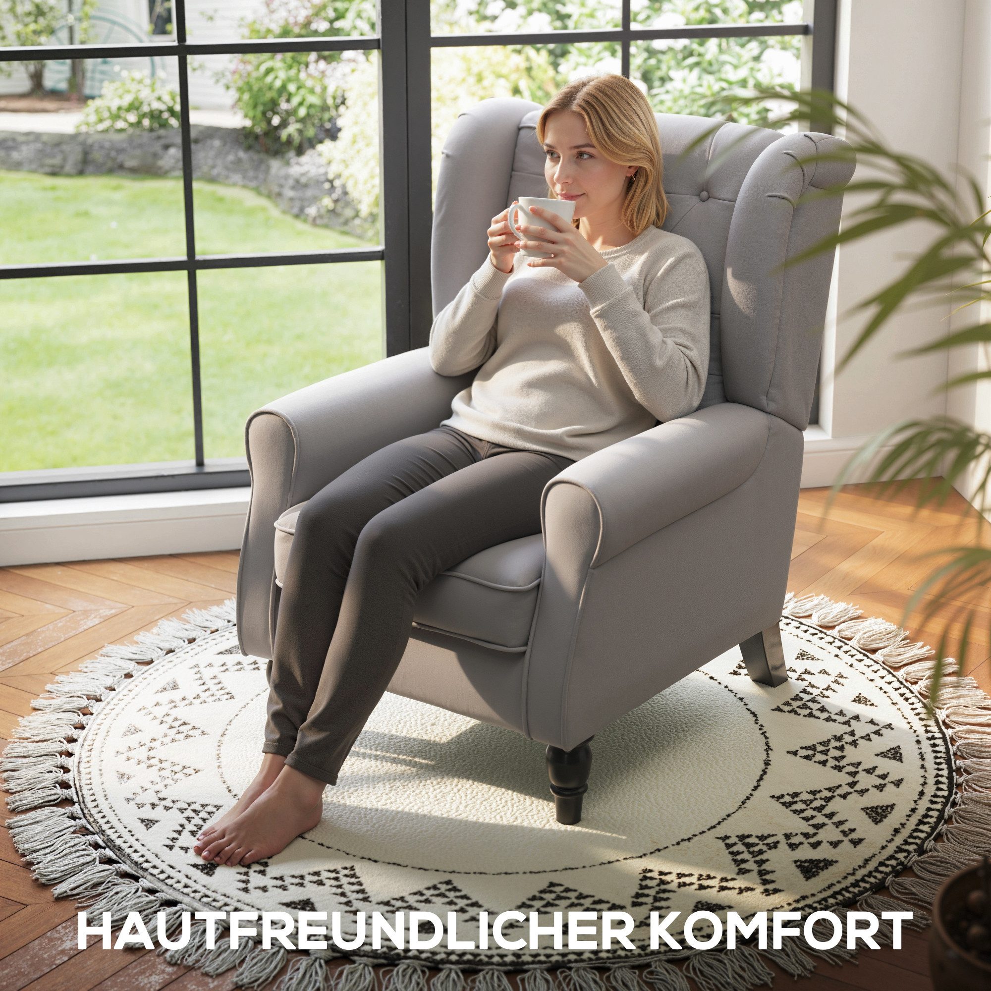 HOMCOM Sessel Einzelsessel, Akzentsessel mit Tufting Holzfüße (Ohrensessel, 1-St., Relaxsessel), für Wohnzimmer, Grau